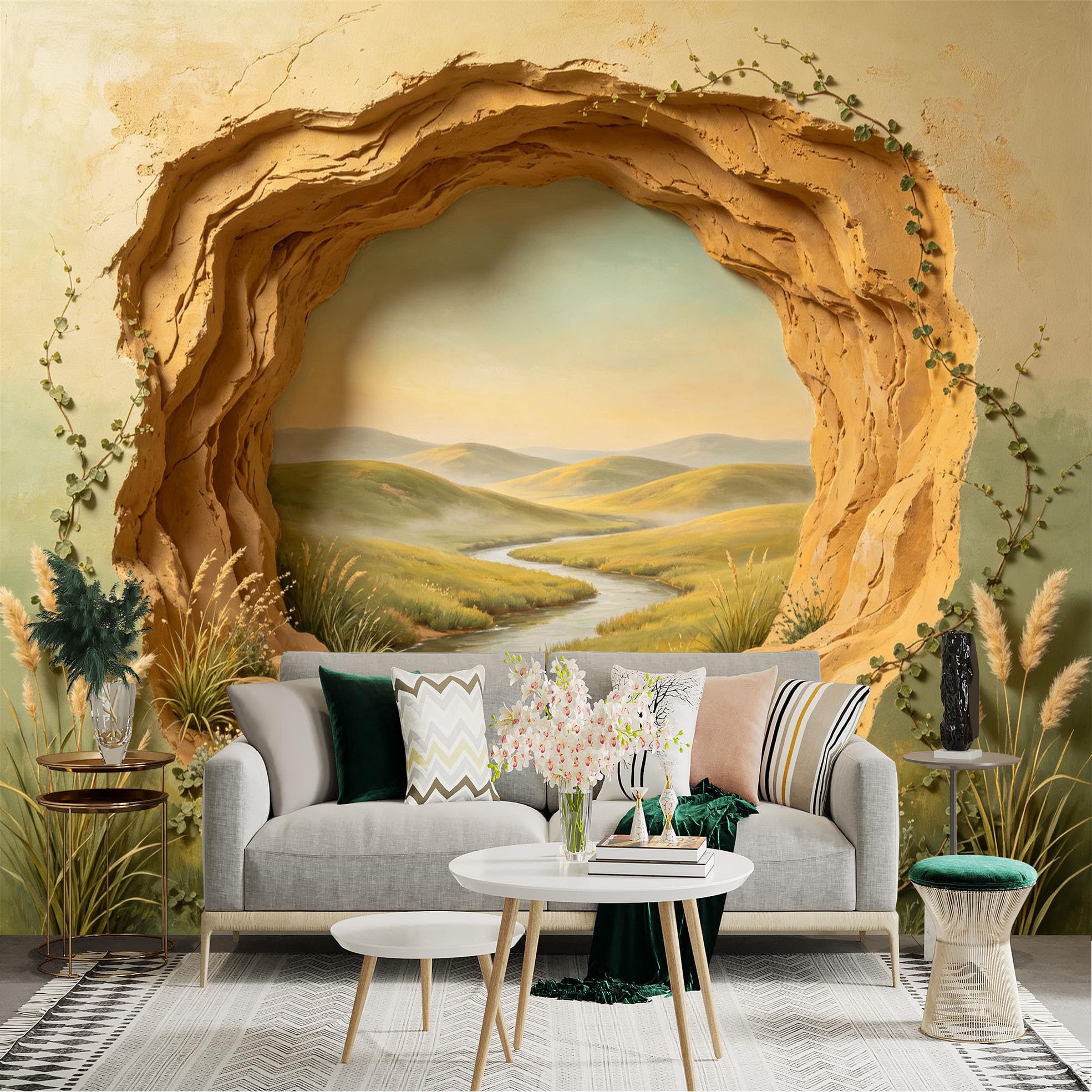 Custom Size Wall Sticker Mural， Scenic River Valley Through Rocky Cave with Grasses and Hills， for wall Decoration， peelandstick wall Decals.