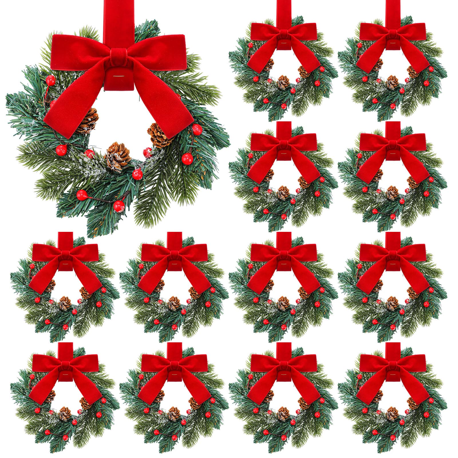 Knitgrip 12 Pcs Mini Christmas Kitchen Wreath with Red Bow Pine Cone Decor