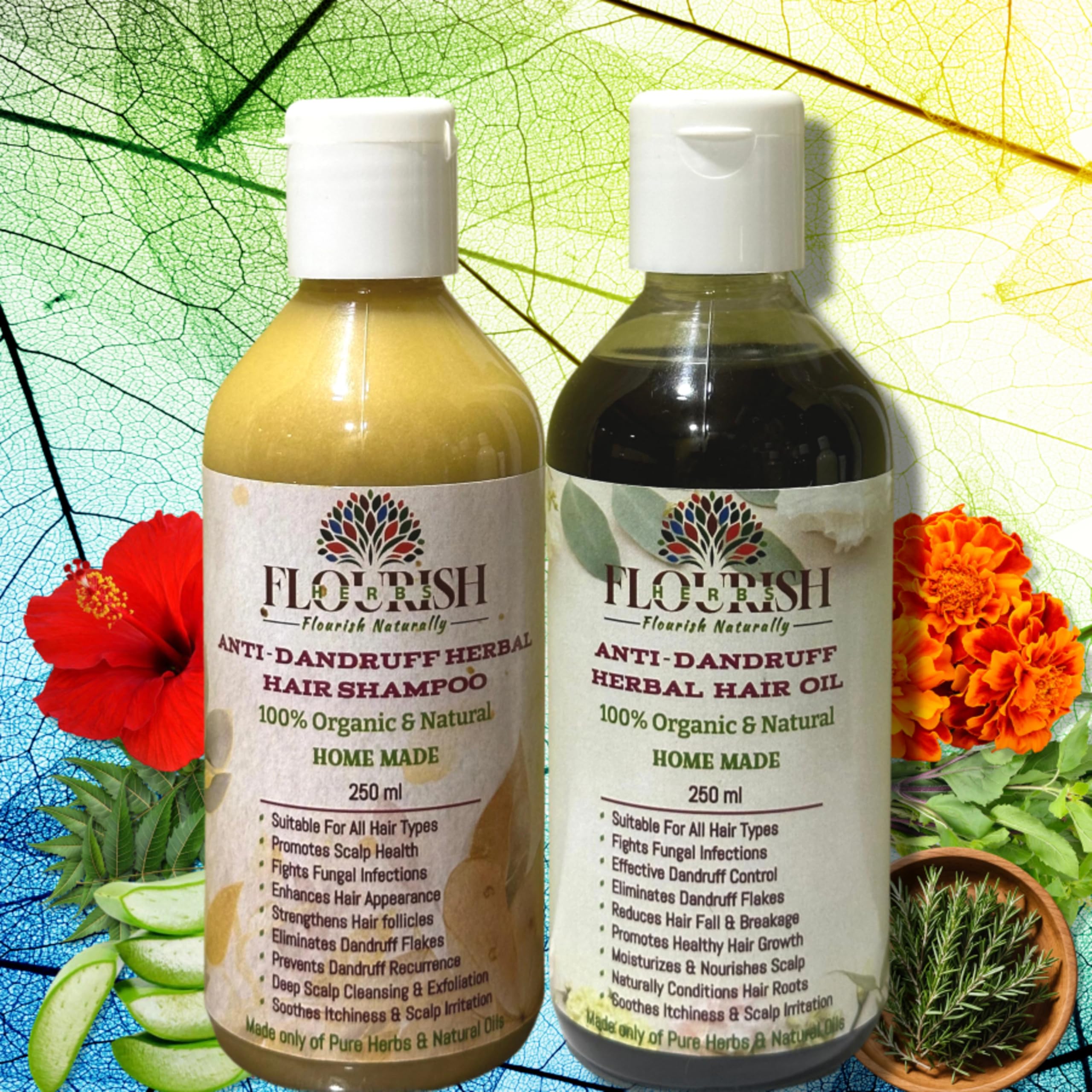 FLOURISH HERBS Combo Anti-Dandruff Herbal Shampoo & Hair Oil, 250ML (Pack of 2), 100% Organic, Natural, Chemical Free, Homemade, For All Ages and Hair Types, Daily Use. Benefits: ⁠Effective Dandruff Control, Fights Fungal Infections, Eliminates Dandruff Flakes, Prevents Dandruff Recurrence, Deep Scalp Cleansing & Exfoliation, Moisturizes & Nourishes Scalp, Naturally Conditions Hair Roots, Strengthens Hair follicles, Prevents Hair Fall & Breakage, Promotes Scalp Health & Healthy Hair Growth, Enhances Hair Appearance, Soothes Itchiness & Scalp Irritation. Made of 100% Pure Herbs and Cold-Pressed Natural Oils.-image-12