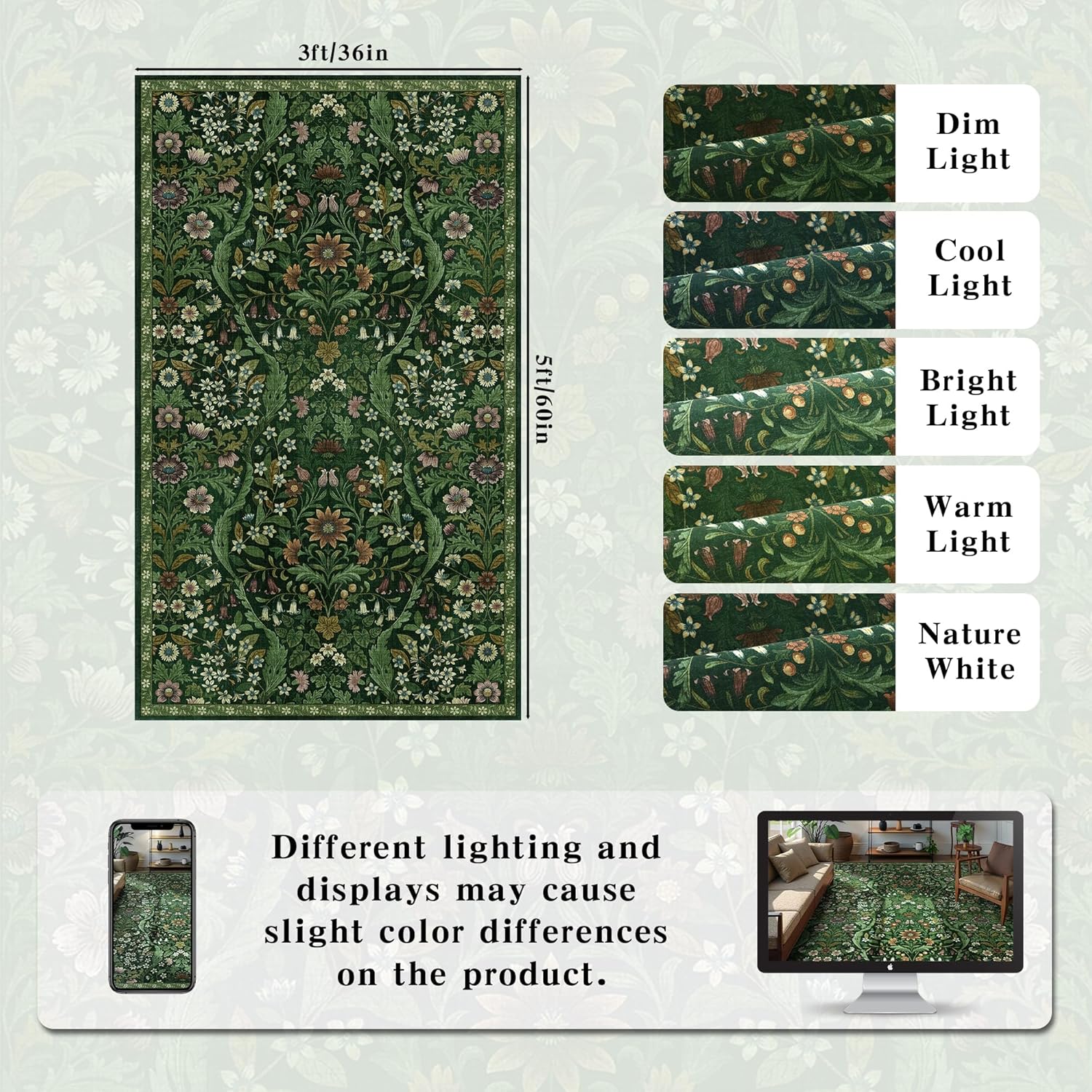 3x5 Dark Green Boho Floral Vintage Area Rug,Soft Lightweight Low Pile Non-Shedding Carpet,Machine Washable Stain Resistant & Non-Slip for Entryway,Bedroom, Kids Room,Living Room
