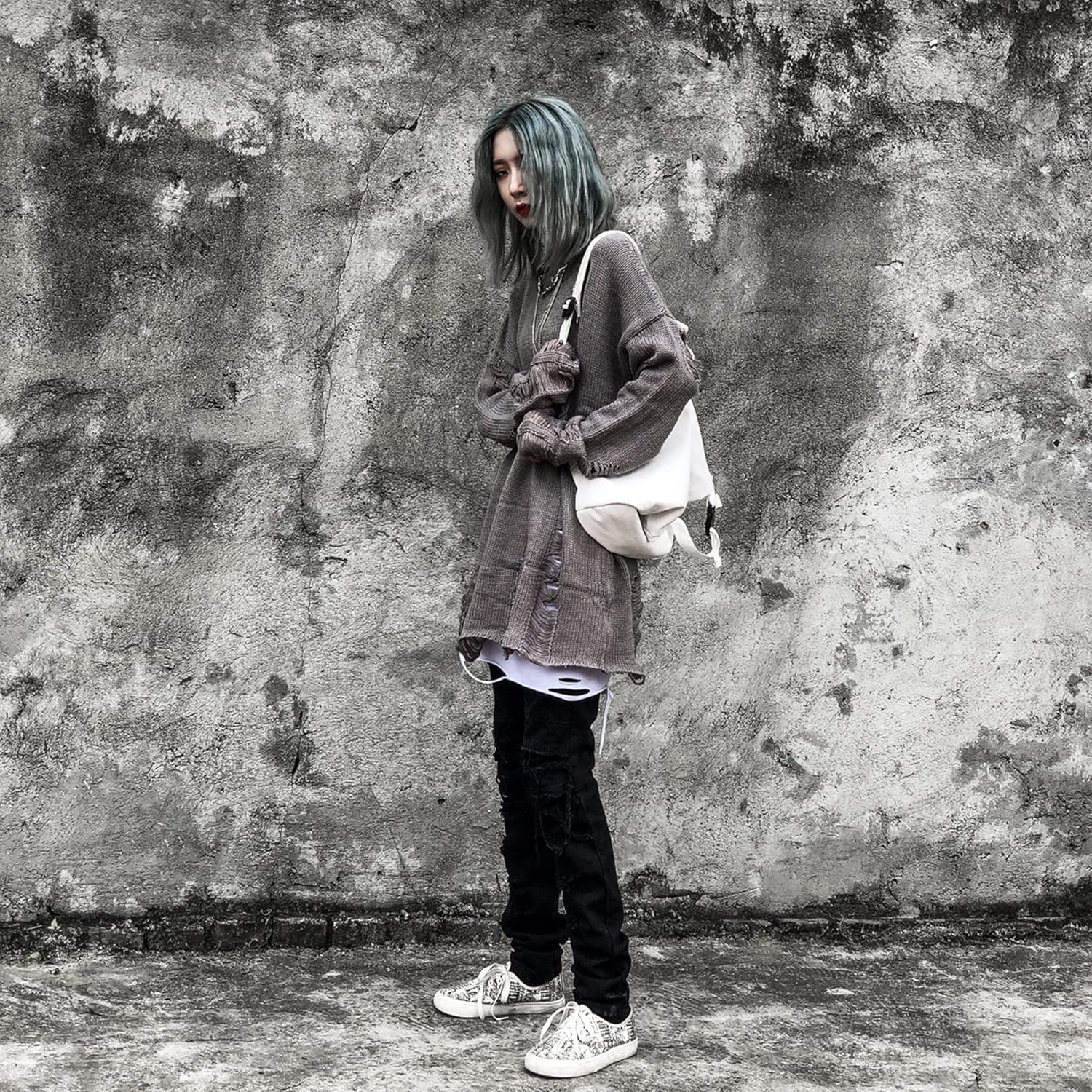 Zhiyouni Womens Punk Gothic Sweater Loose Oversized Striped Ripped Pullover Knit Sweaters