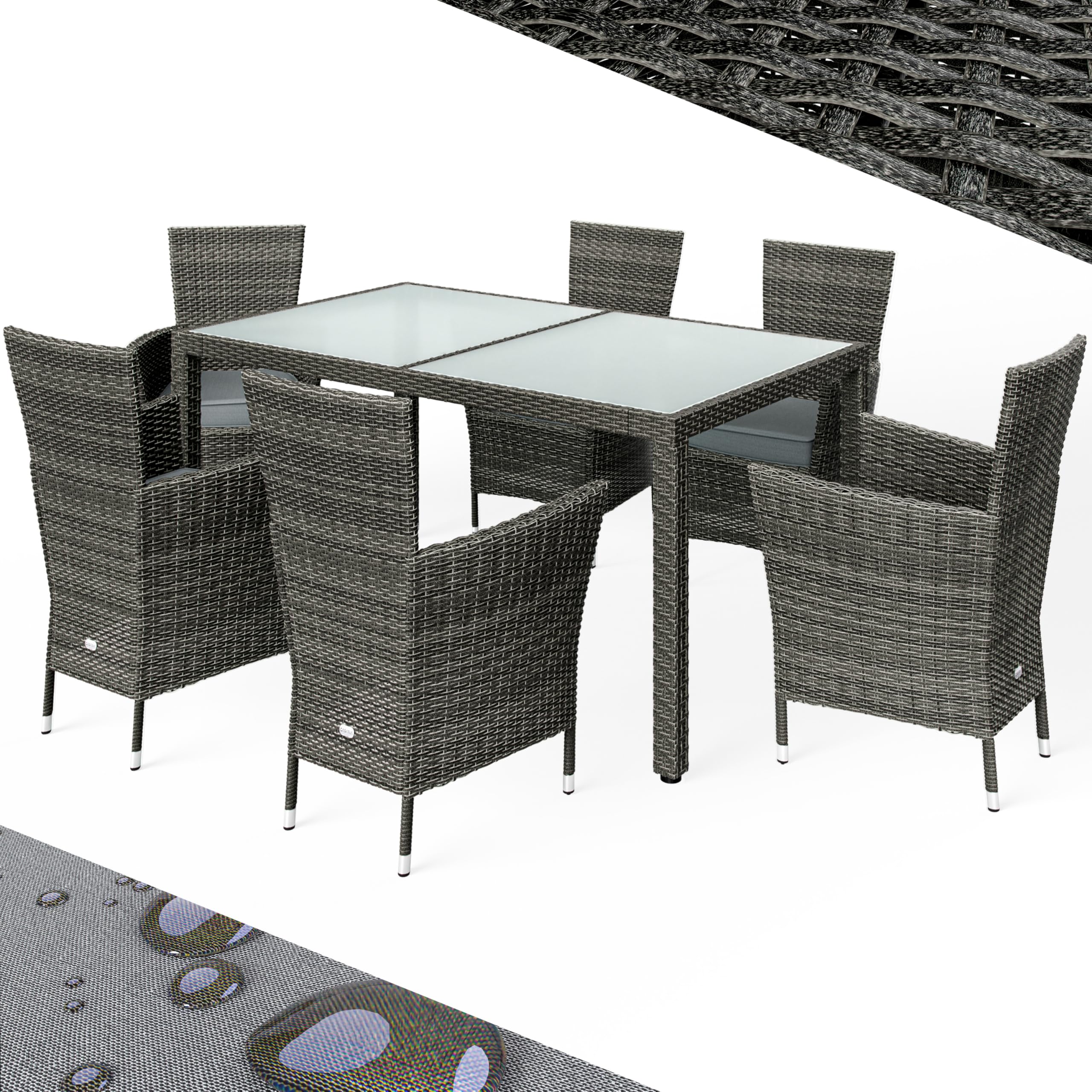 Casaria Gartenmöbel Set 6 Personen – Stühle inkl. 7cm Polster, Tisch 150x90 cm, Polyrattan, Wetterfest