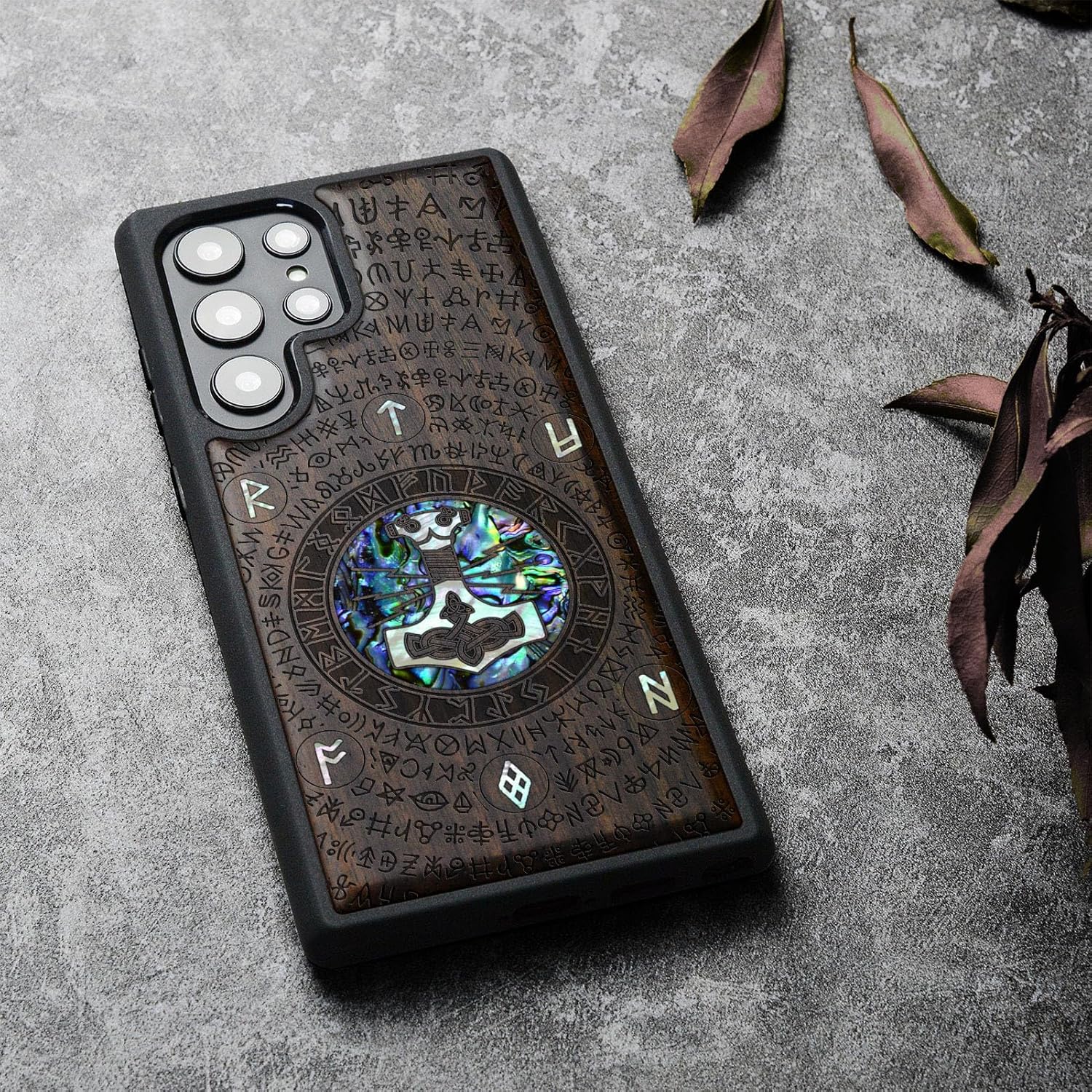 Carveit Designer Wooden Cover for Samsung Galaxy S22 Ultra Case [Wood Engraving & Shell Inlay] Wood Phone Case Compatible with Wireless Chargers Galaxy S22 Ultra (Thors Hammer-Blackwood)