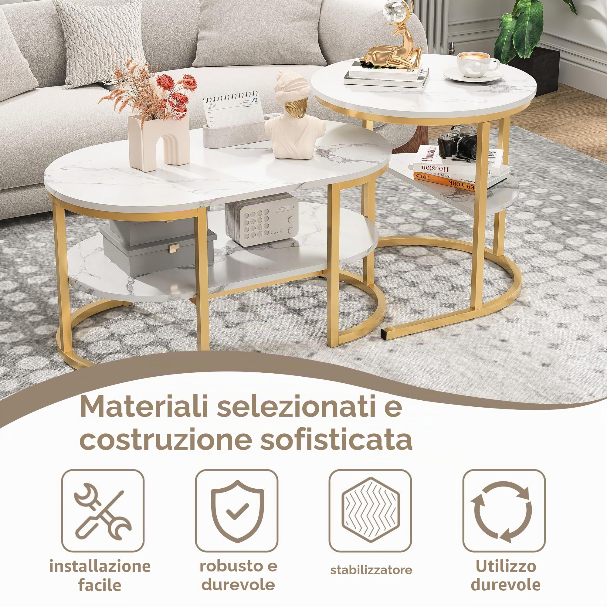 Set di 2 tavolini ovali, set di 2 tavolini 2 in 1 con spazio di archiviazione, tavolino in marmo effetto tavolino da salotto per soggiorno, balcone e ufficio (ovale, bianco + oro)