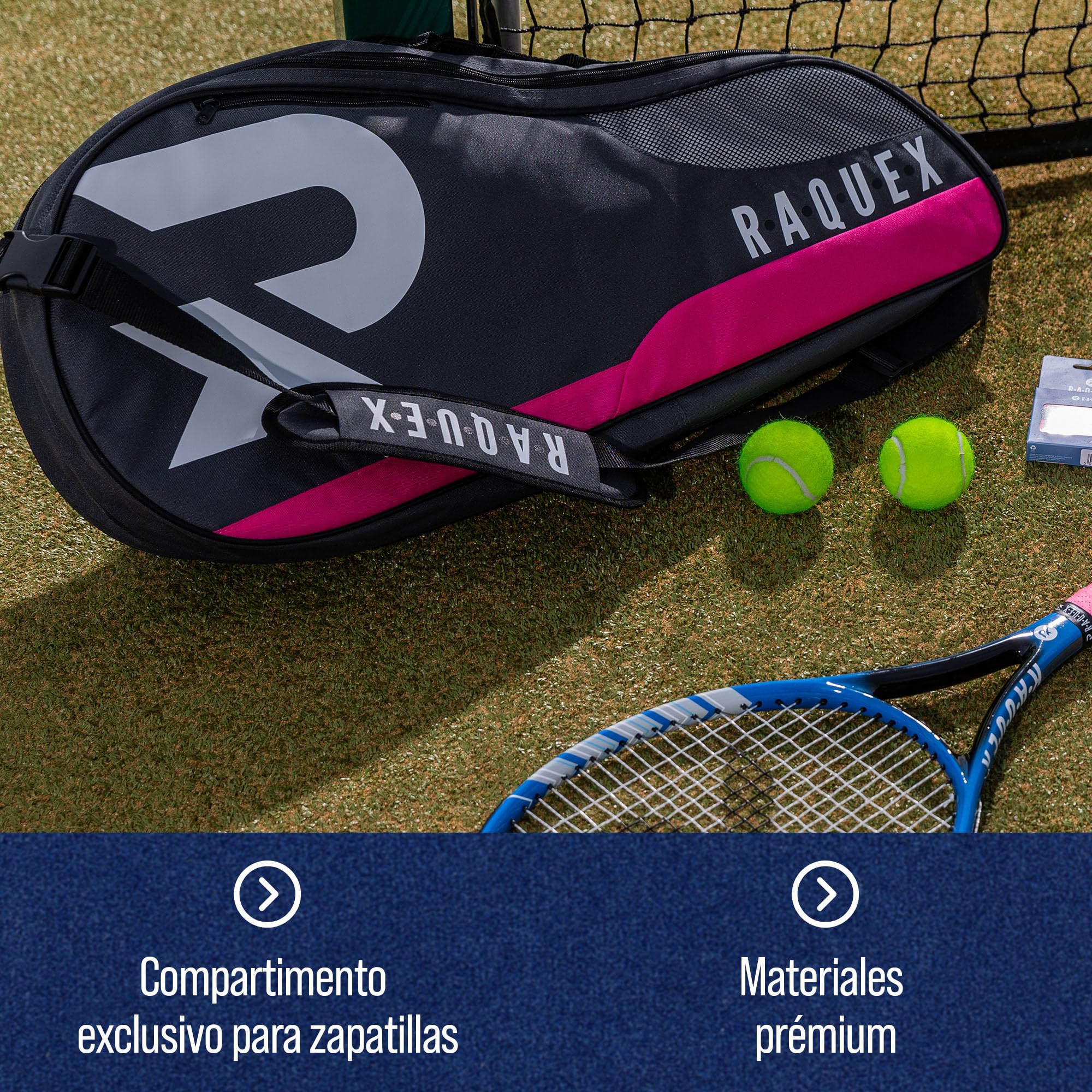 Raquex Bolsa para Raquetas : Tenis, Bádminton y Squash. Azul/Negro/Magenta. con Capacidad para hasta 6 Raquetas, Accesorios y Zapatillas