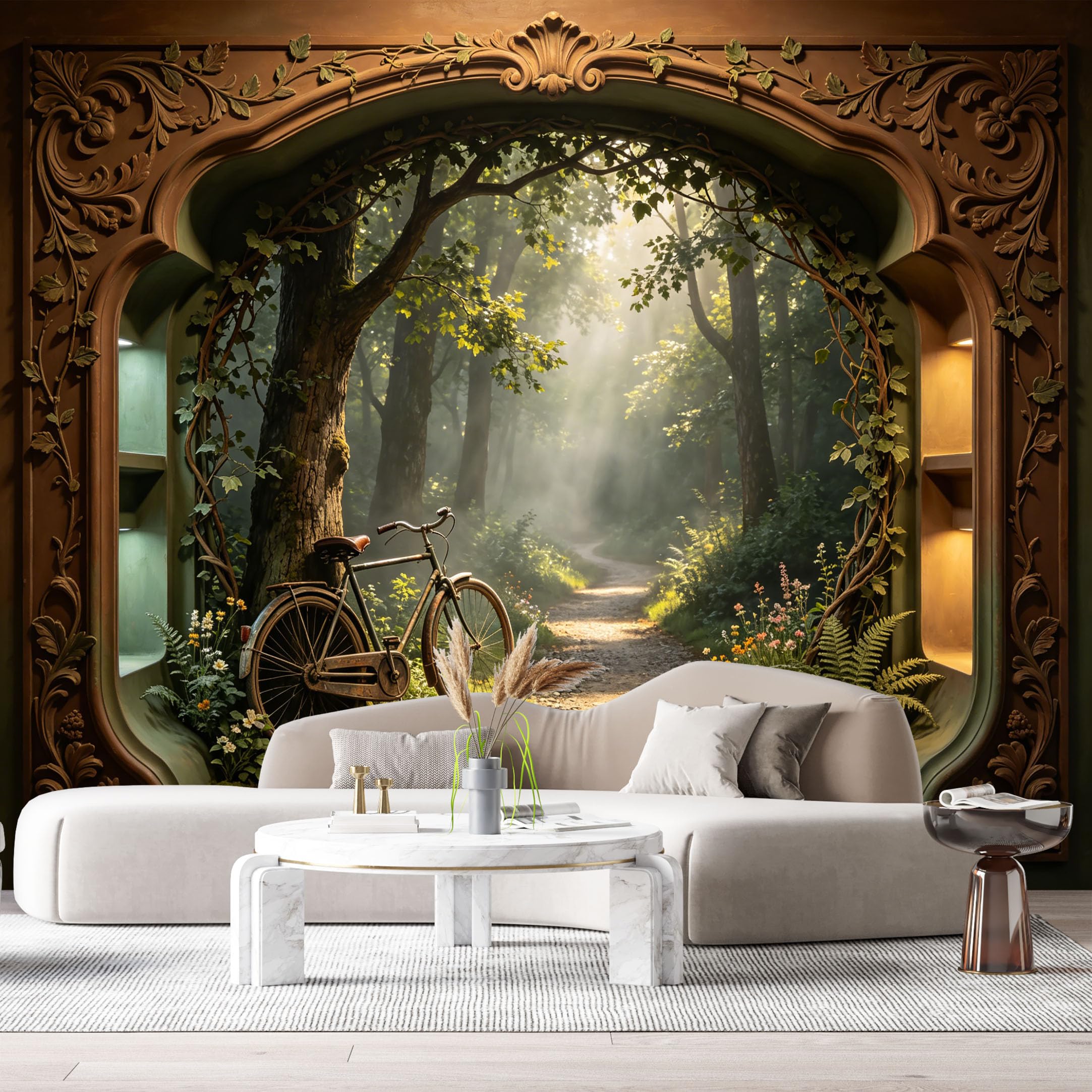Custom Size Wall Murals Vintage Bicycle Forest Path Sunbeam 3D Trompe L'Oeil SelfAdhesiveWall Fabric Removable Wallpaper Wall Decor for Living Room Bedroom Bathroom