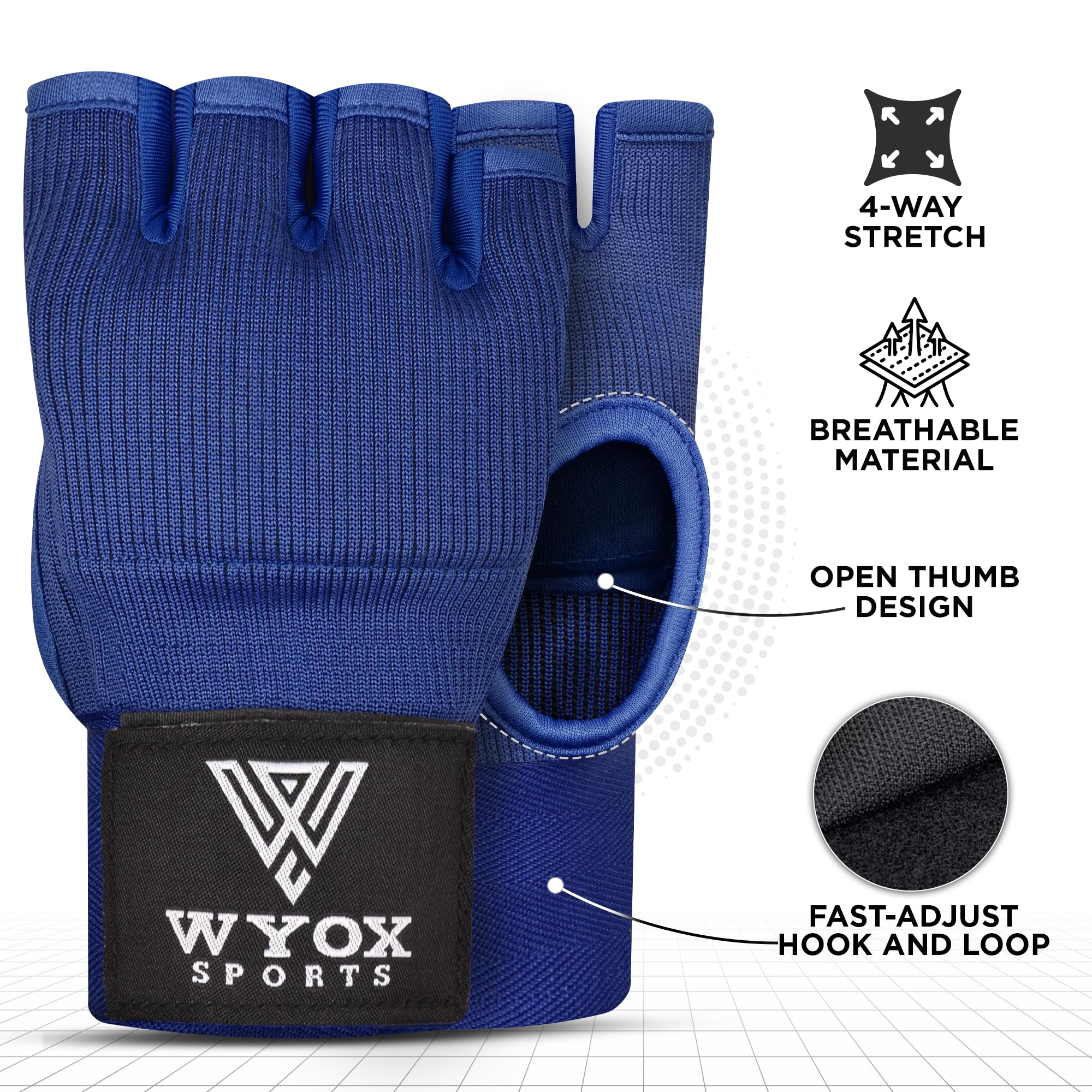 WYOX Guantes interiores de boxeo de gel para hombres y mujeres, correa de muñeca rápida de 80 cm, soporte acolchado para nudillos, sin dedos, artes marciales mixtas, Muay Thai, kickboxing, para