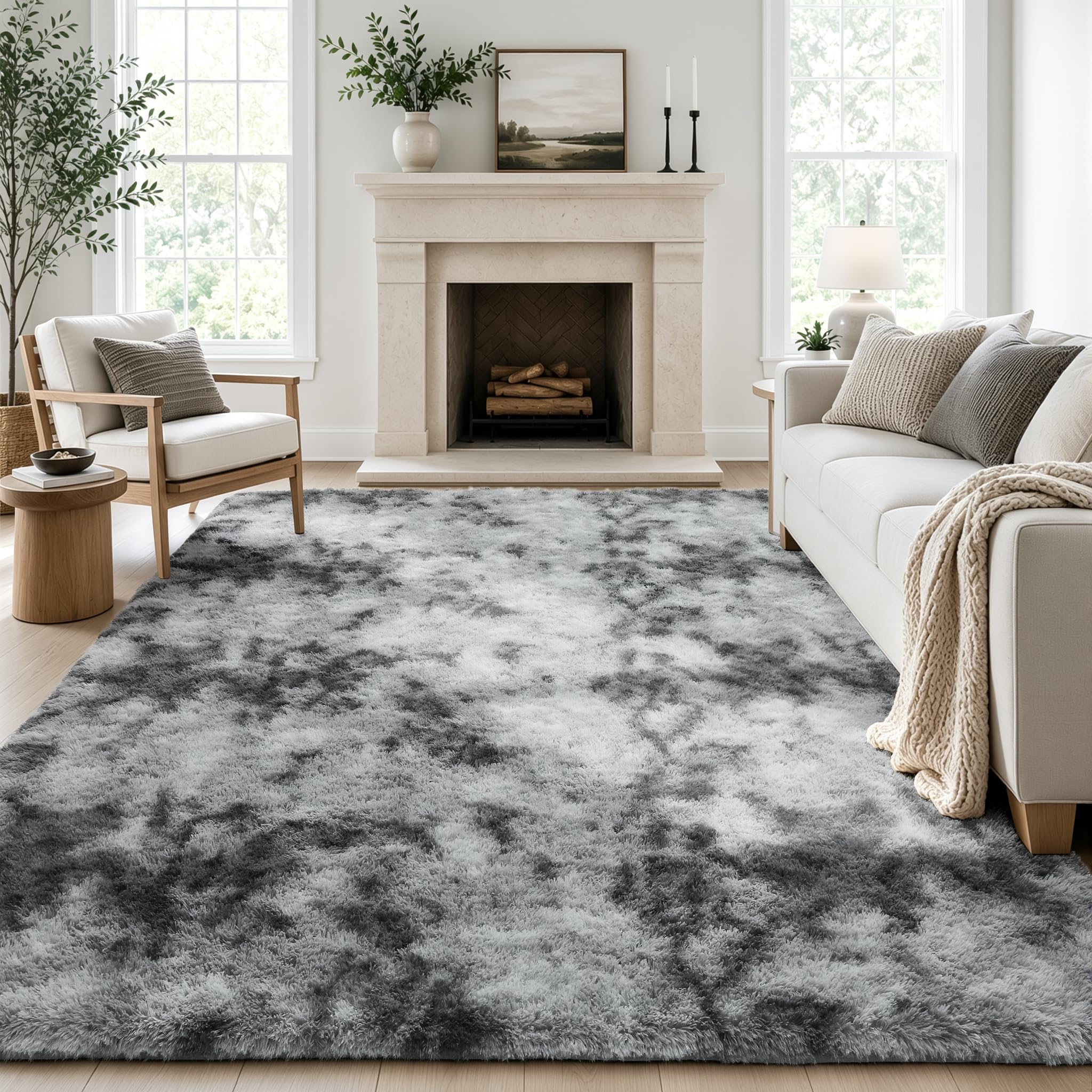 Ophanie Tie-Dyed Grey Area Rugs 6x9 for Bedroom Living Room, Light Gray Fluffy Shag Fuzzy Carpet,Plush Shaggy Rug,Indoor Carpet for Kids Boys Dorm Home Decor Aesthetic, Nursery with 99 pcs Pile fibers