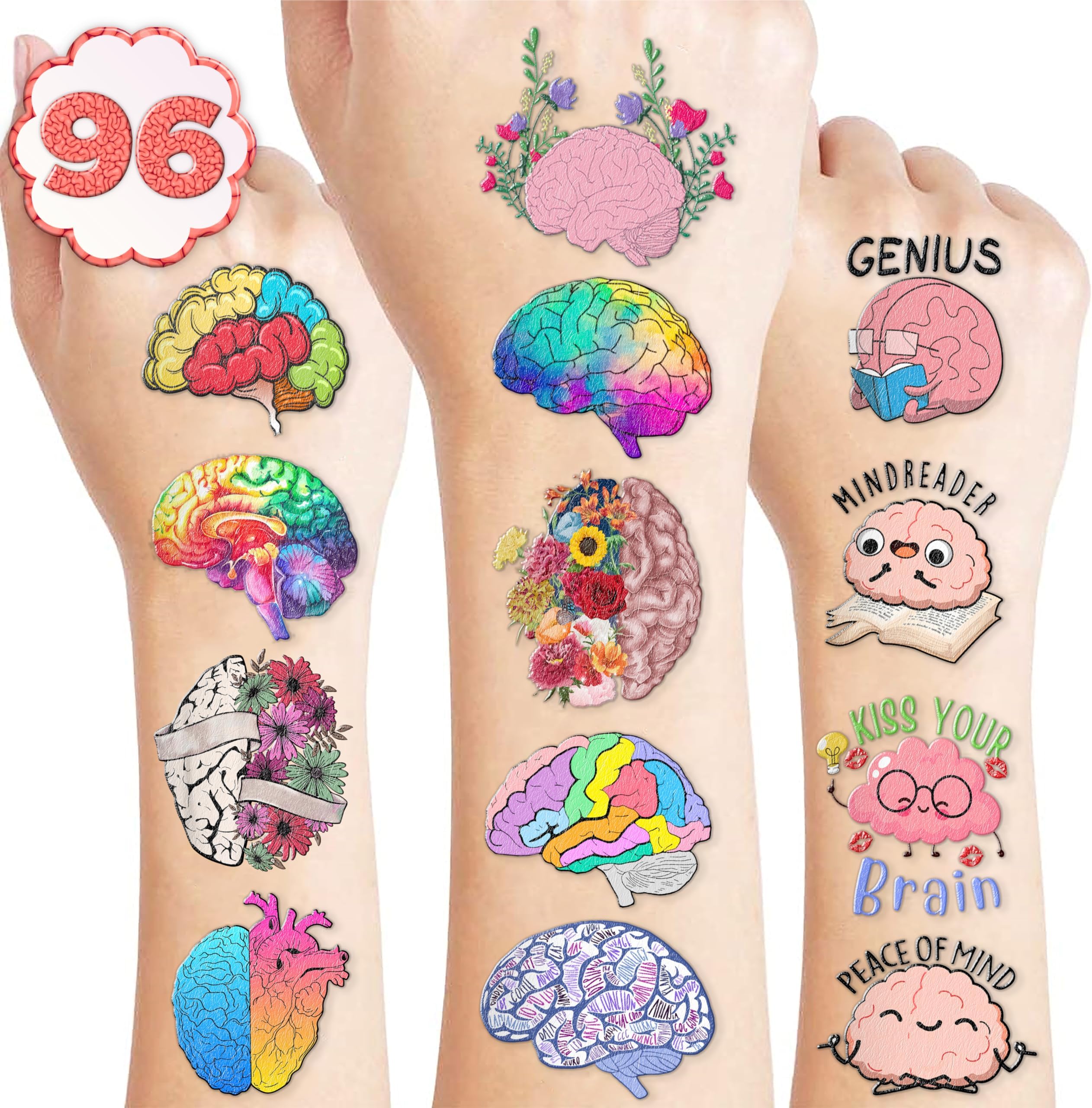 96PCS Cute Brain Temporary Tattoos Themed Birthday Party Favors Decorations Supplies Funny Human Anatomy Body Part Tattoo Stickers Gifts for Boys Girls Kids School Classroom Prizes Carnival Christmas