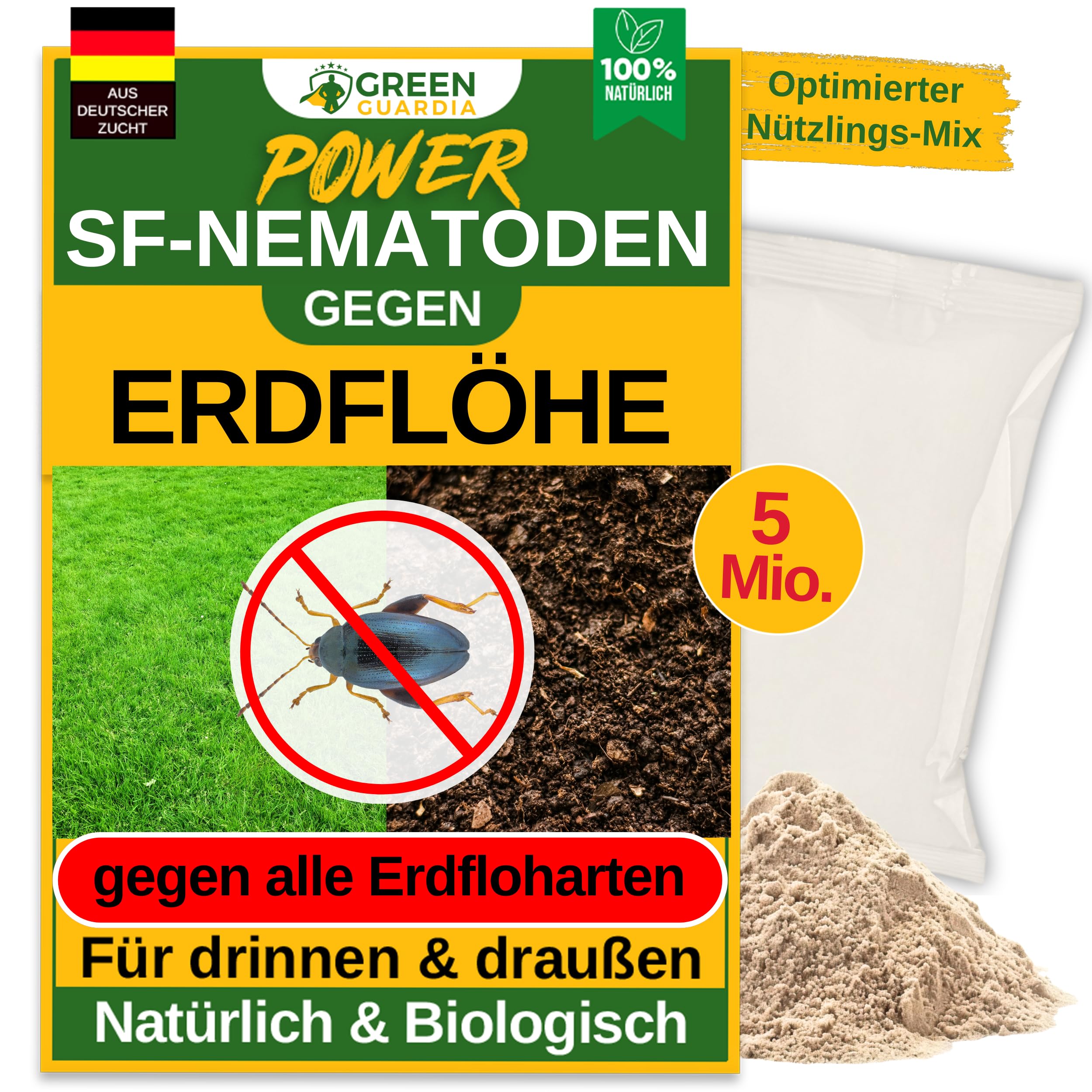 GREEN GUARDIA Super SF-Nematoden gegen Erdflöhe – 5 Mio. für 10m² - Biologisches Mittel zur effektiven Ameisen Bekämpfung – Umweltfreundlich, chemiefrei, einfache Anwendung
