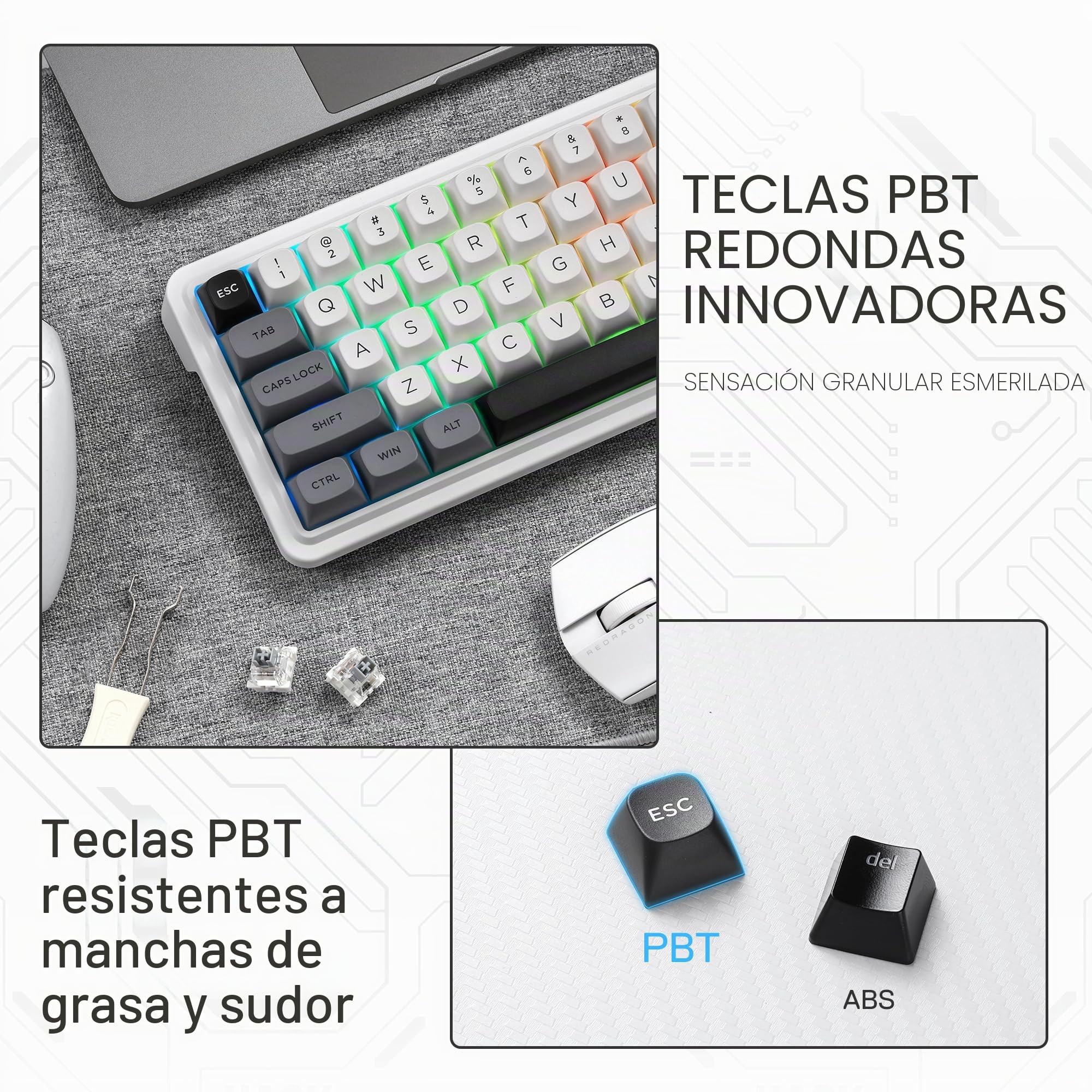 Redragon K722 Pro Teclado Gaming RGB Gasket 60% Inalámbrico Hot Swap | Base Free-Mod Compacto Mecánico 5 Capas Amortiguación Ruido Tapas Teclas Redondas PBT US Layout