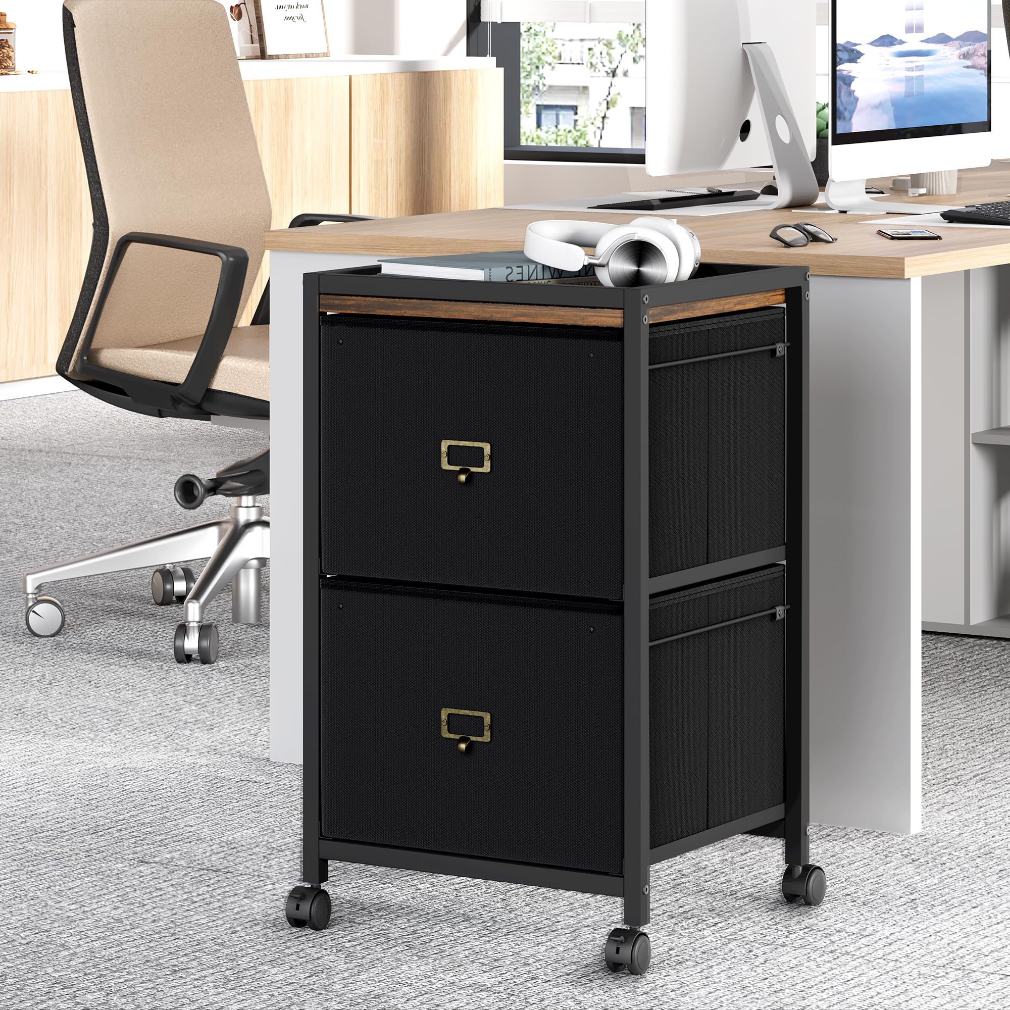 Schreibtisch Unterschrank mit Stoffschubladen, Rollcontainer Aktenschrank auf Rollen – 2 Stoff-Schubladen mit Hängeregister für A4/Letter, unter Schreibtisch, für Home Office, Schwarz