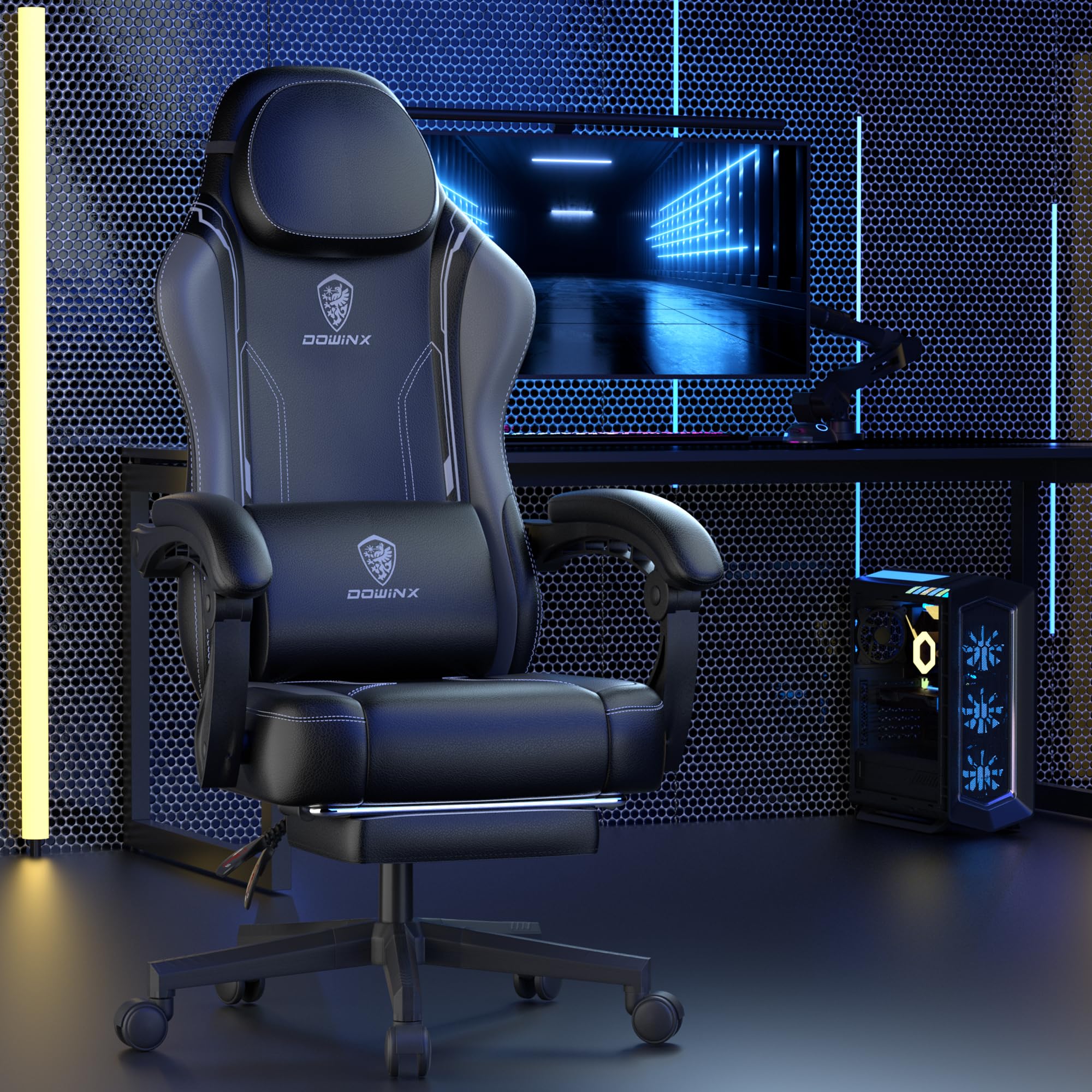 Dowinx - Sedia per il gaming, con cuscino, ergonomica, dotata di supporto lombare, in pelle sintetica PU, schienale largo, 150 kg, colore grigio