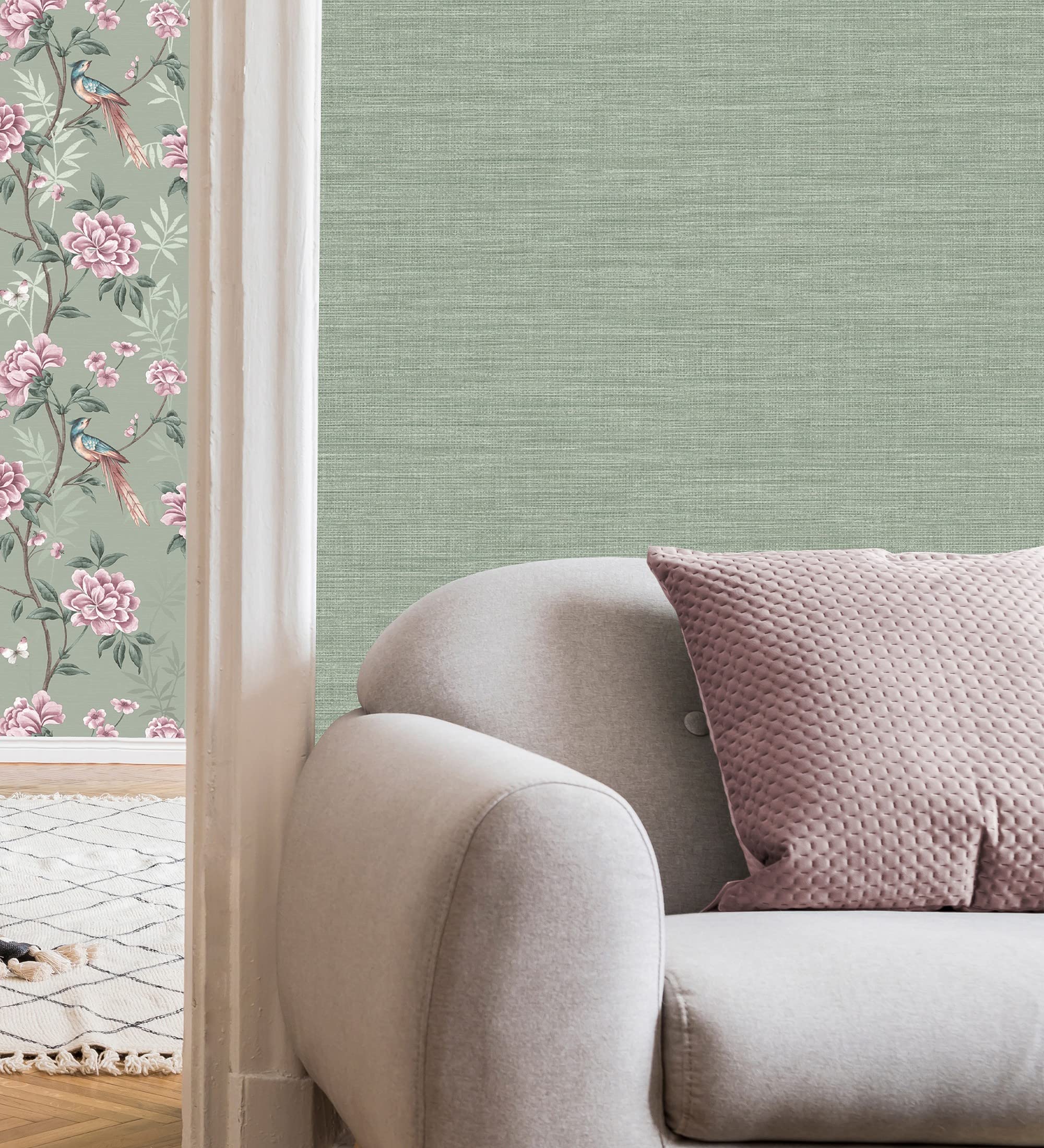 GAULAN 681992 - Papel pintado liso de fibras vegetales en tonos verdes efecto nacarado para pared salón dormitorio pasillo comedor - Rollo de 10 m x 0,52 m