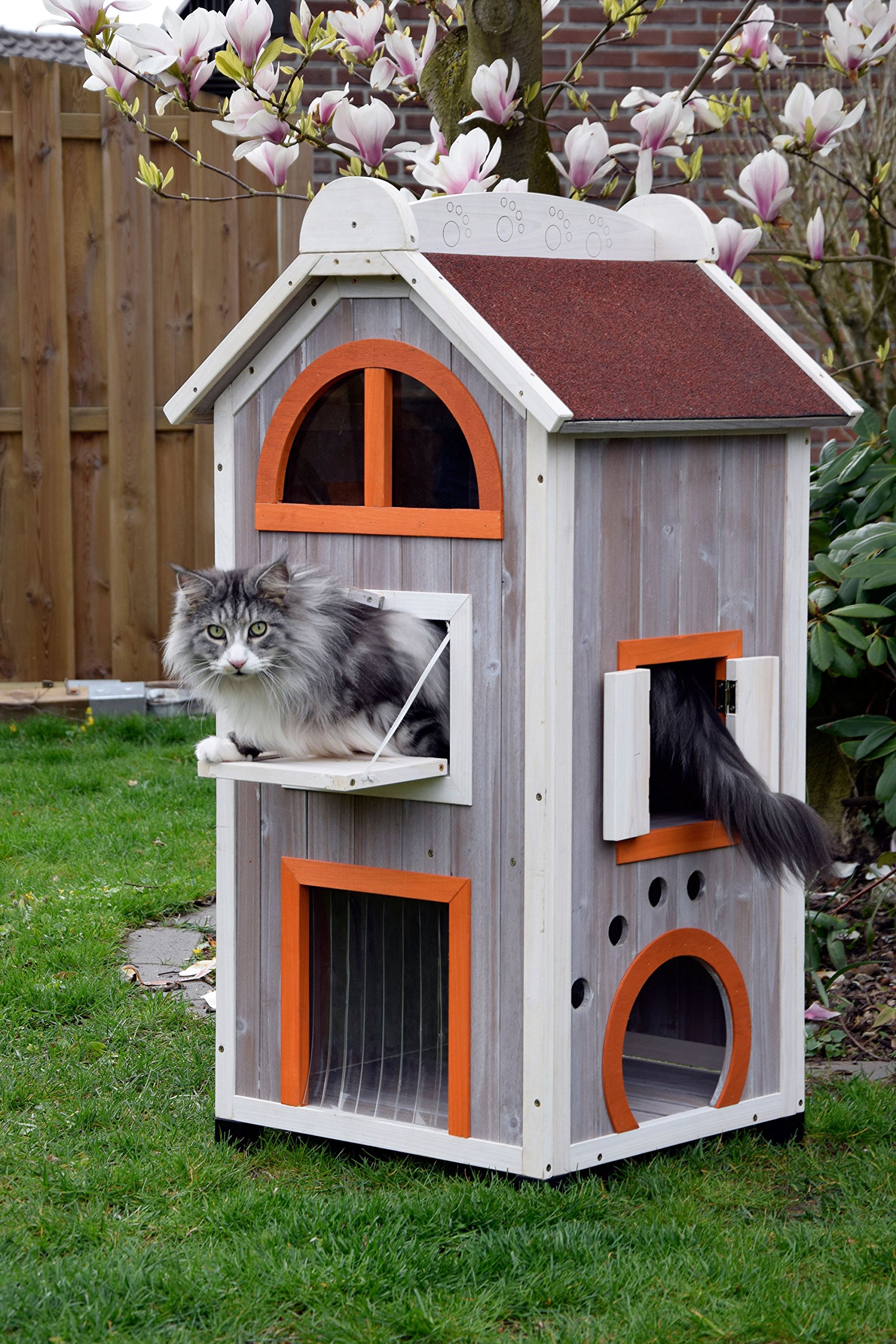 dobar® 55018FSC Katzenhaus "Fancy Cat" - Katzenhütte aus lasiertem Massivholz - Katzenhöhle inkl. Hängematte - Großer Katzenturm für drinnen & draußen - 58 x 55 x 109 cm