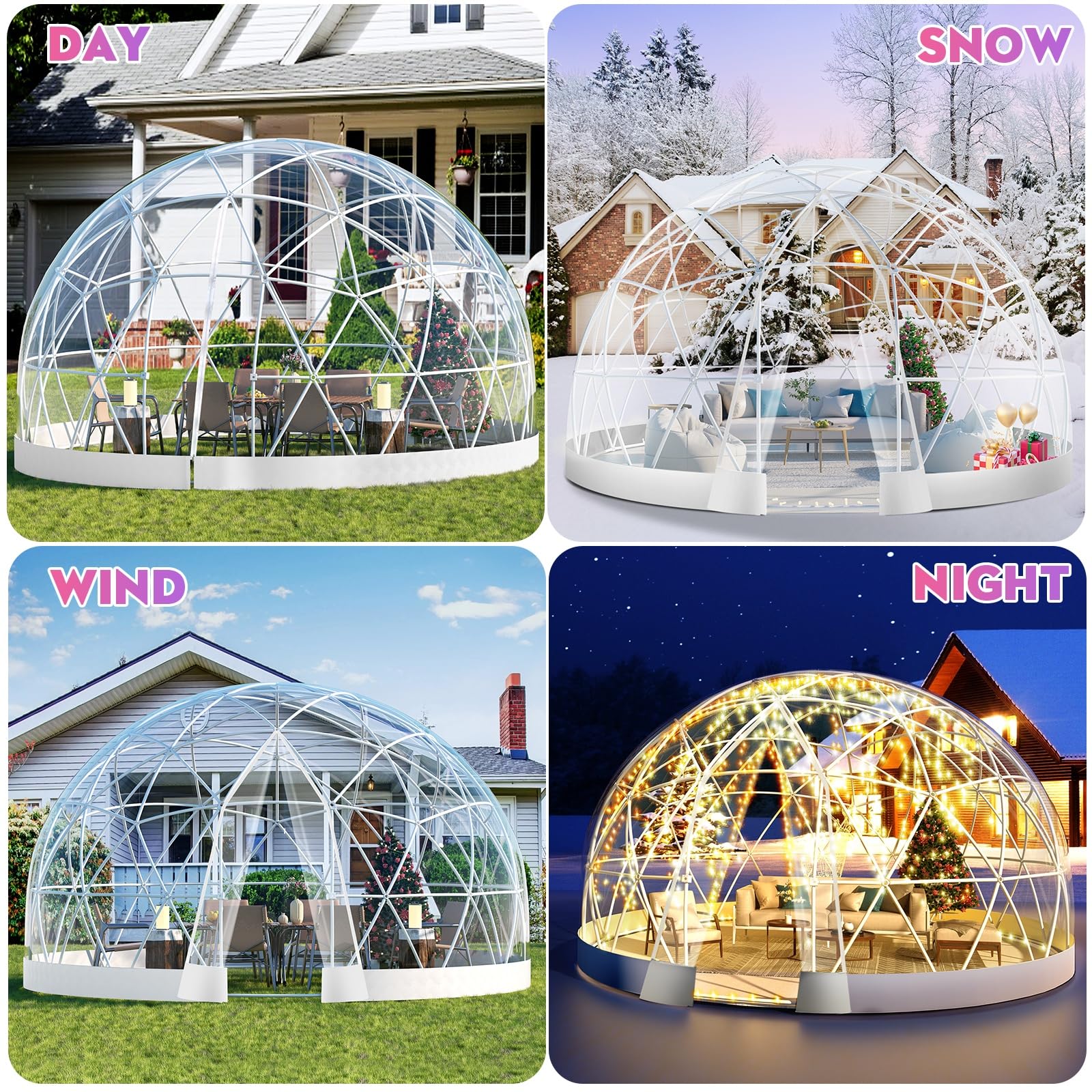 12FT Garden Dome lgloo, Geodesic Dome Greenhouse with PVC Clear Cover, Waterproof Garden Bubble Dome Tent House with 2 x 10M Light Strings for Outdoor, Patio, Backyard, Party (White, 9.7FT/2.9M)