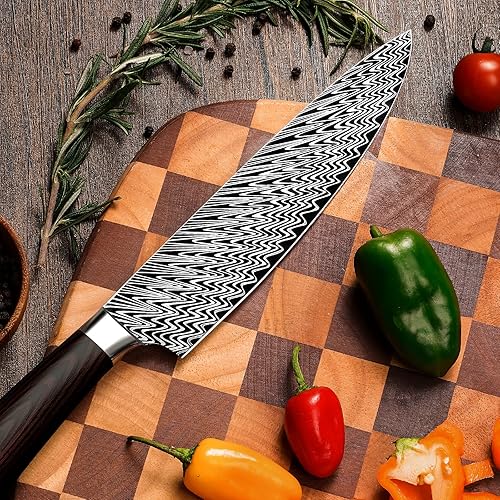Miniatura 6 de Cuchillo de chef, cuchillo de cocina japonés Pro de 8 pulgadas, acero inoxidable de alto carbono con patrón de damasco, mango ergonómico de madera