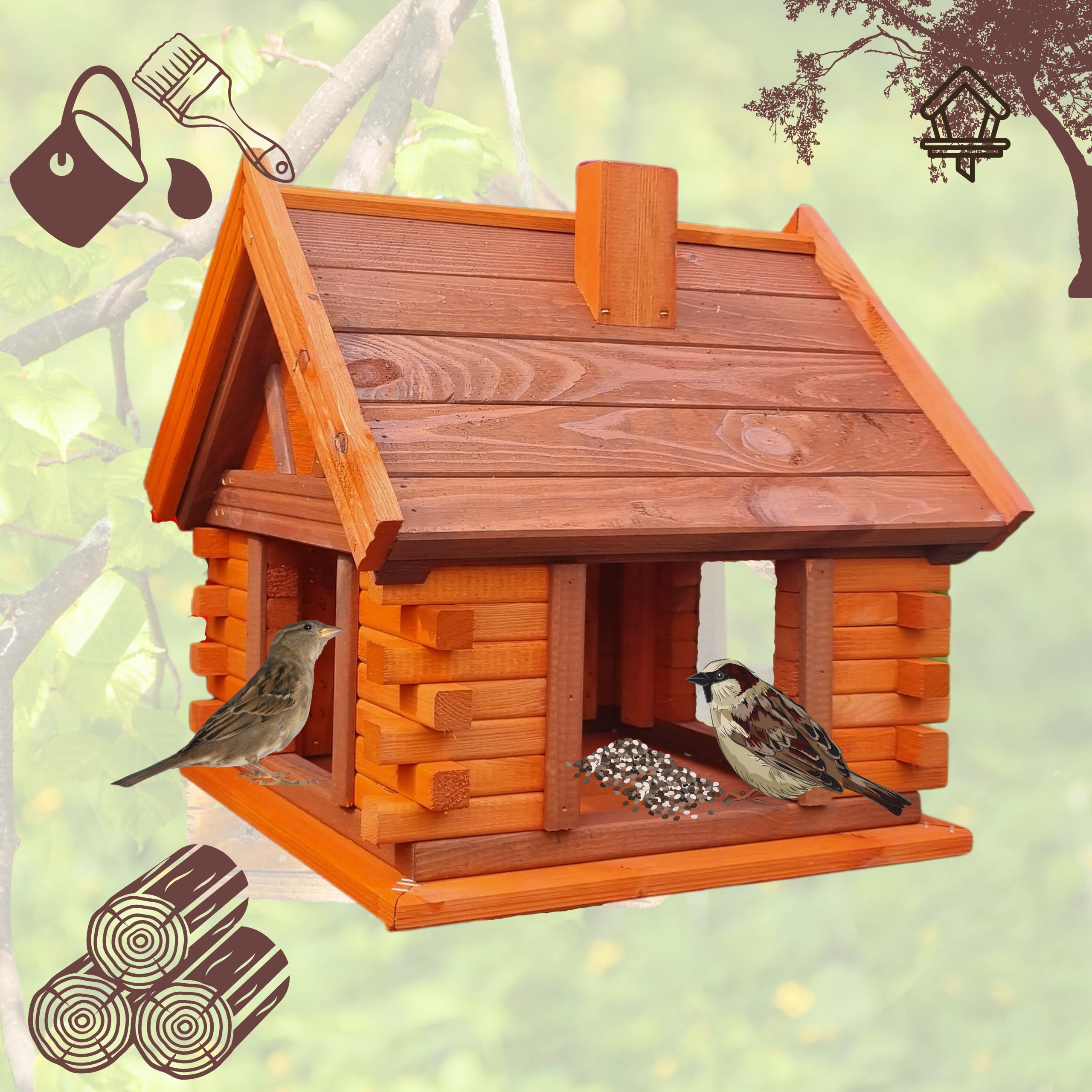 VOGELHAUS aus Holz Vogelhäuschen Vogelhäuser Vogelfutterhaus (Braun+Erle)