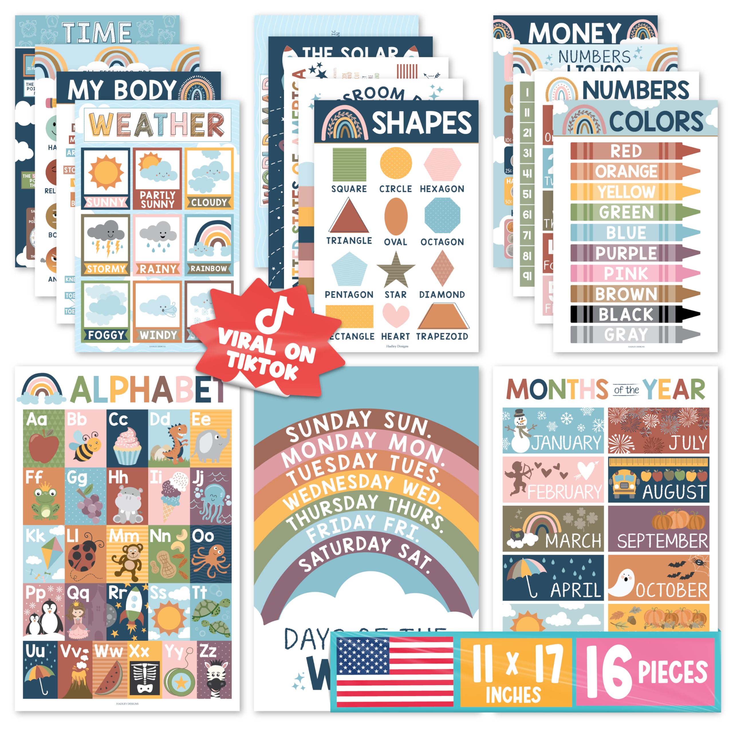 Hadley Designs 16 Boho Kids Educational Posters for Toddlers - Teacher Posters for Classroom Posters Elementary, Pre K Learning Posters for Toddlers 1-3