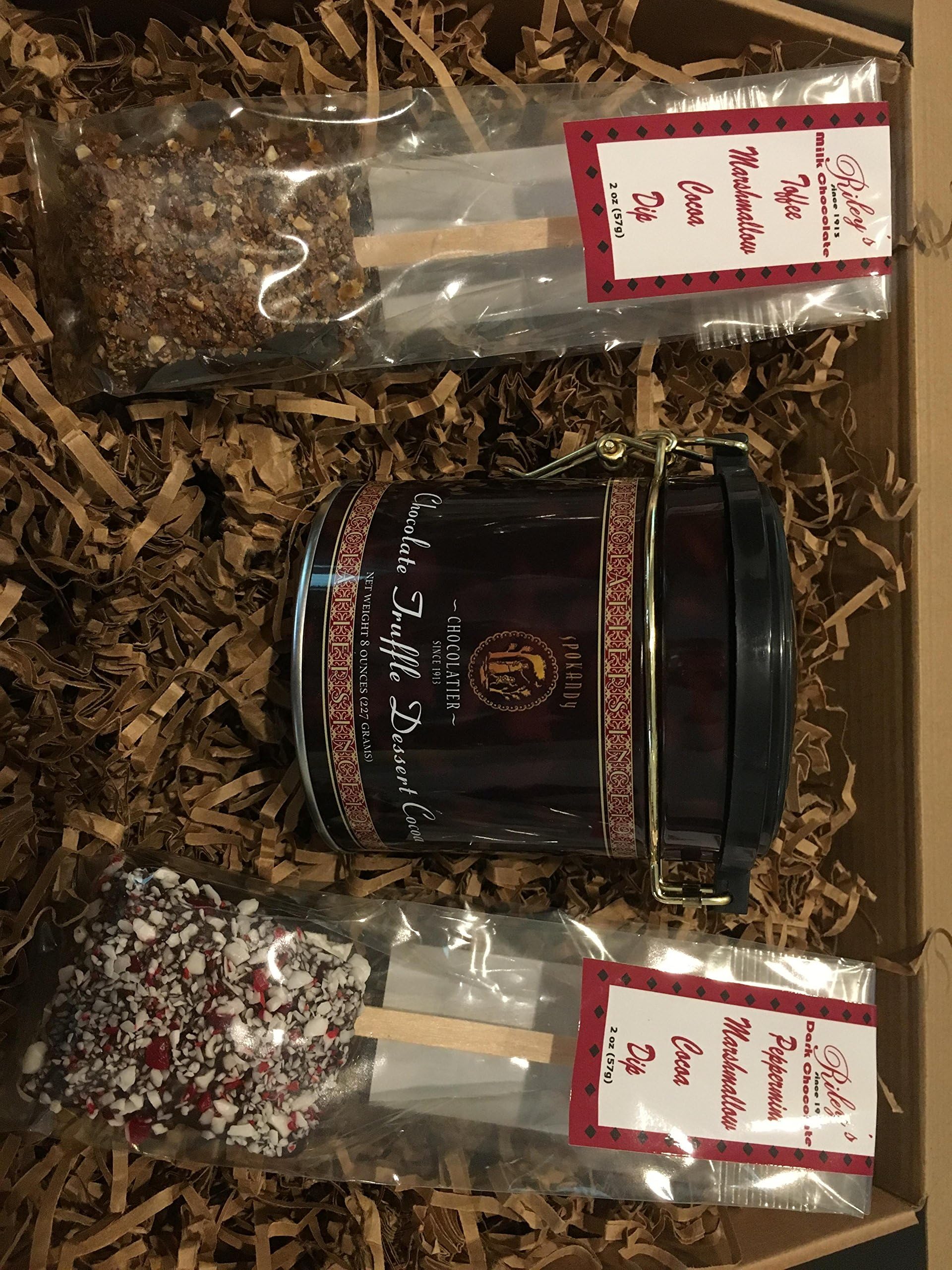 Chocolate Truffle Dessert Cocoa (8oz) – a gourmet hot cocoa with 2 chocolate dipped marshmellows – Toffee Crunch Dip and Peppermint Dip