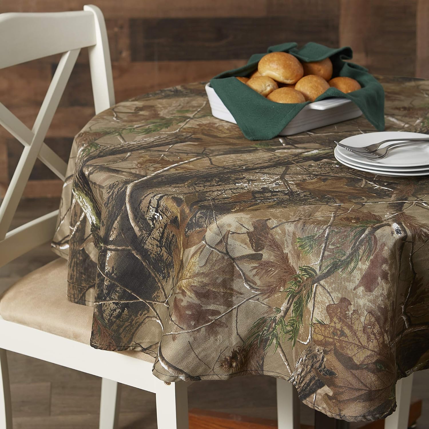 DII, Real Tree Tablecloth, 100% Cotton, Machine Washable, 56" Round, Green Camo