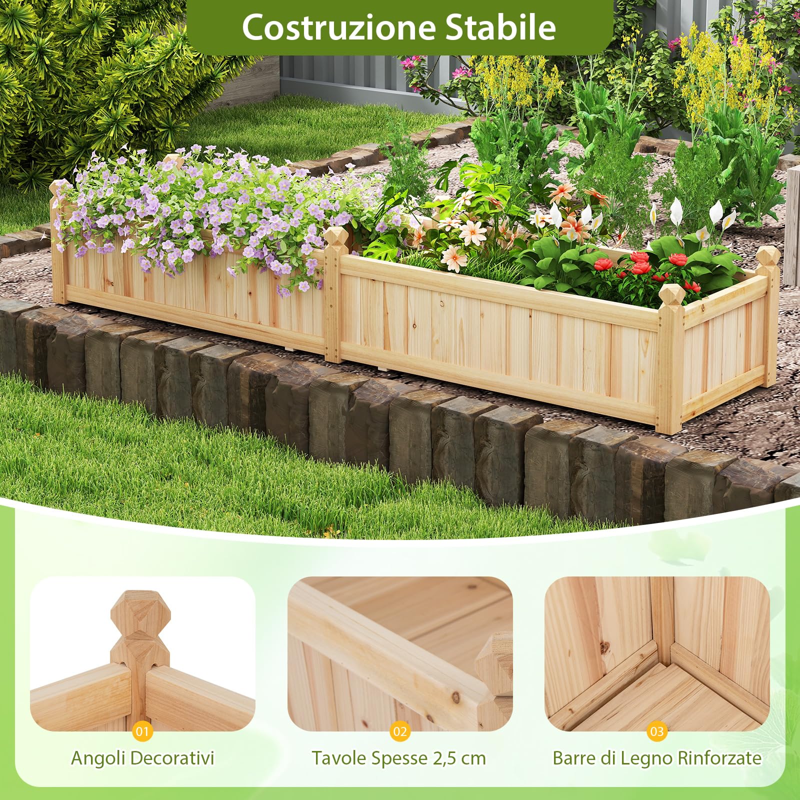 RELAX4LIFE Fioriera da Esterno, Orto Rialzato da Esterno con Divisore, Sistema di Drenaggio, Fodera in Tessuto Non Tessuto, Fioriera Legno per Verdure, Fiori, per Balcone, 227x59,5x40cm (Naturale)