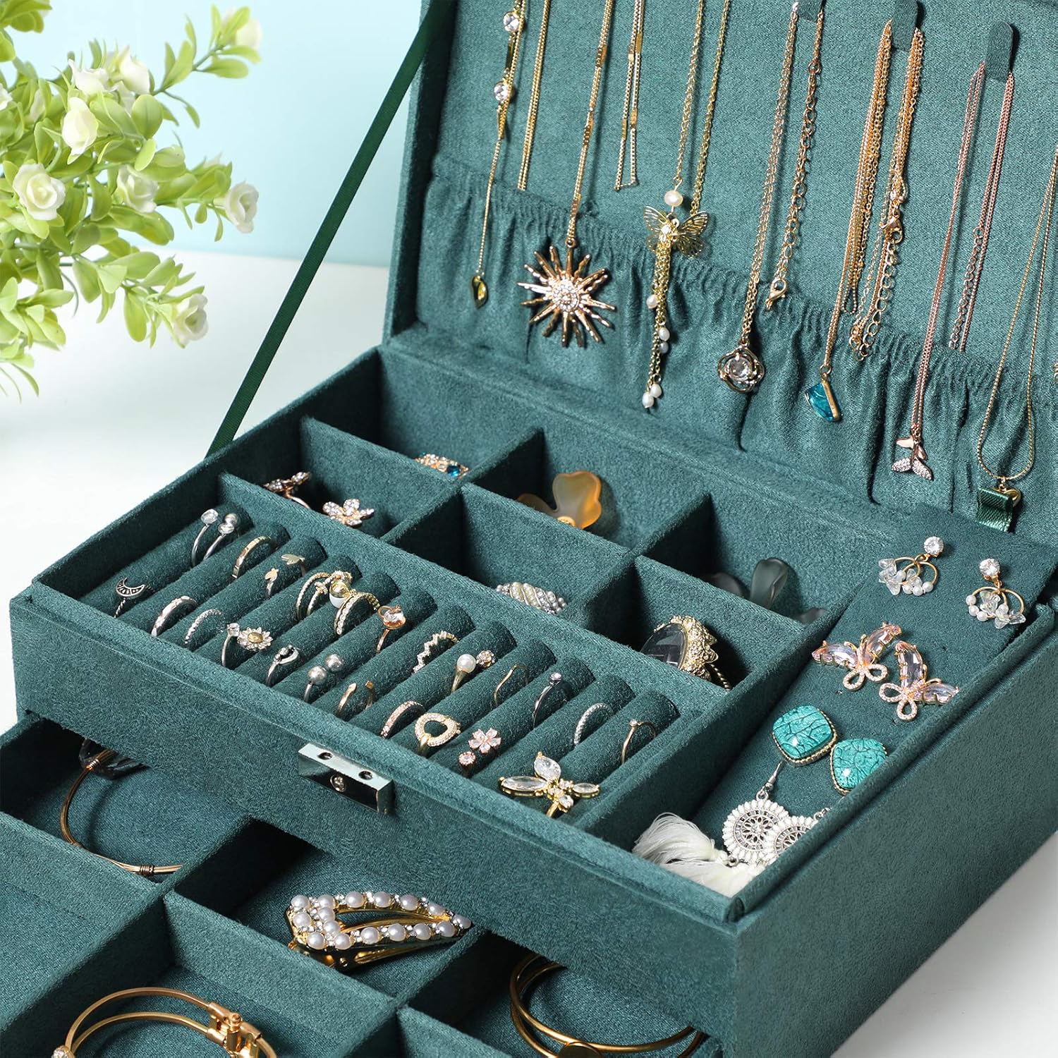 SONGMICS 2-Tier Jewelry Case with Drawer, Key, Necklace Hooks, Ring Rolls, Stud Panel, Storage Slots, Green: Furniture & Decor