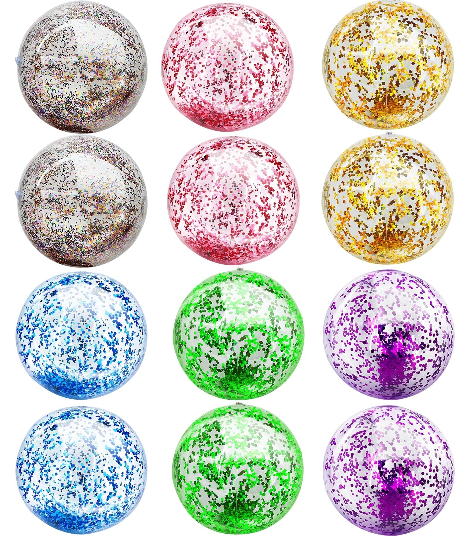 12Pcs Sequins Beach Ball Jumbo Pool Toys Balls,16"Glitters for Pool, Beach, Summer Party, Blow Up Balls, Toys, Children's Party Favours, Games
