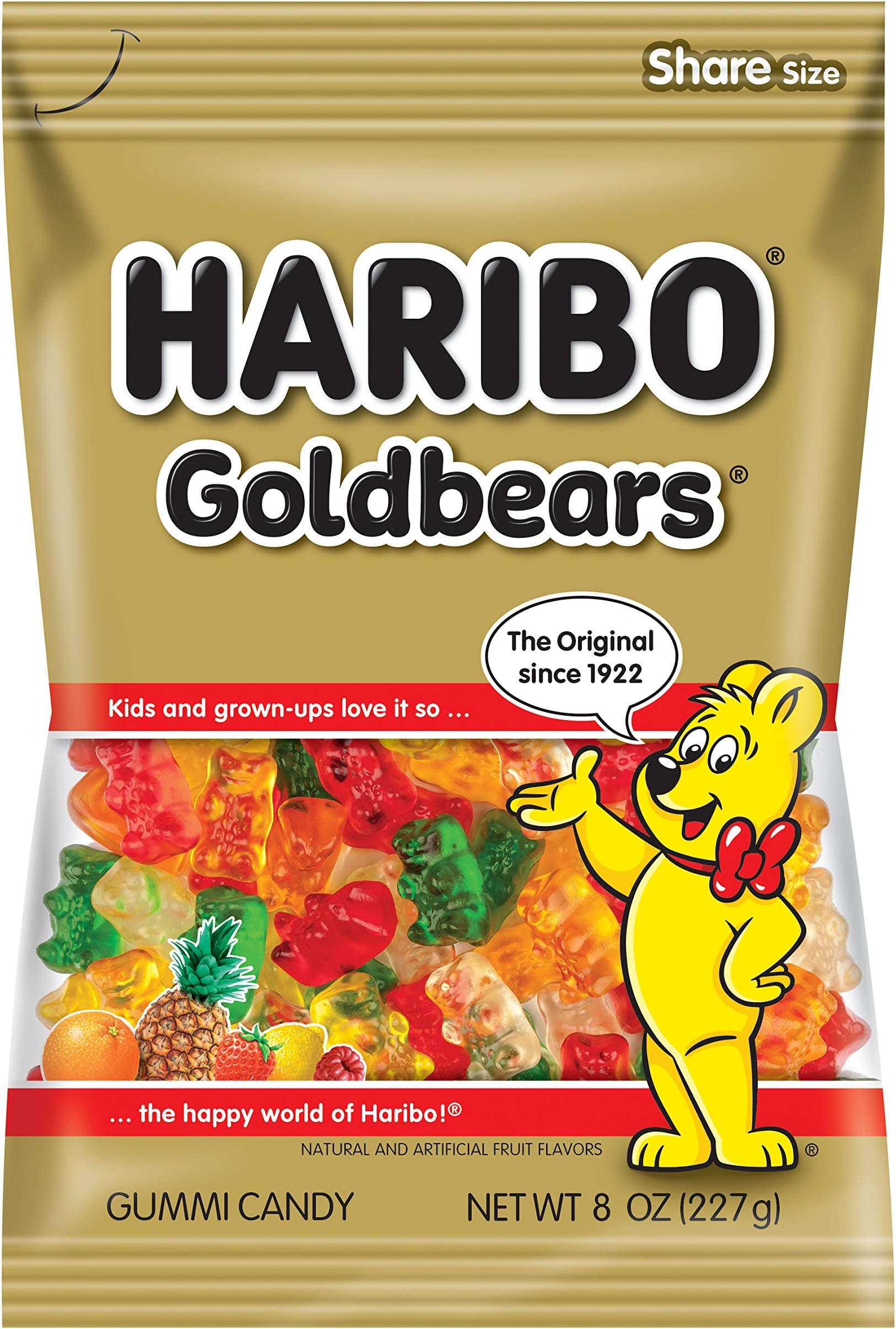 HARIBO Gummi Candy, Original Goldbears Gummy Bears, 8 Ounce Share Size Bags (Pack of 10) Delicious Soft & Chewy Sweet Snacks, Assorted Fruity Flavors