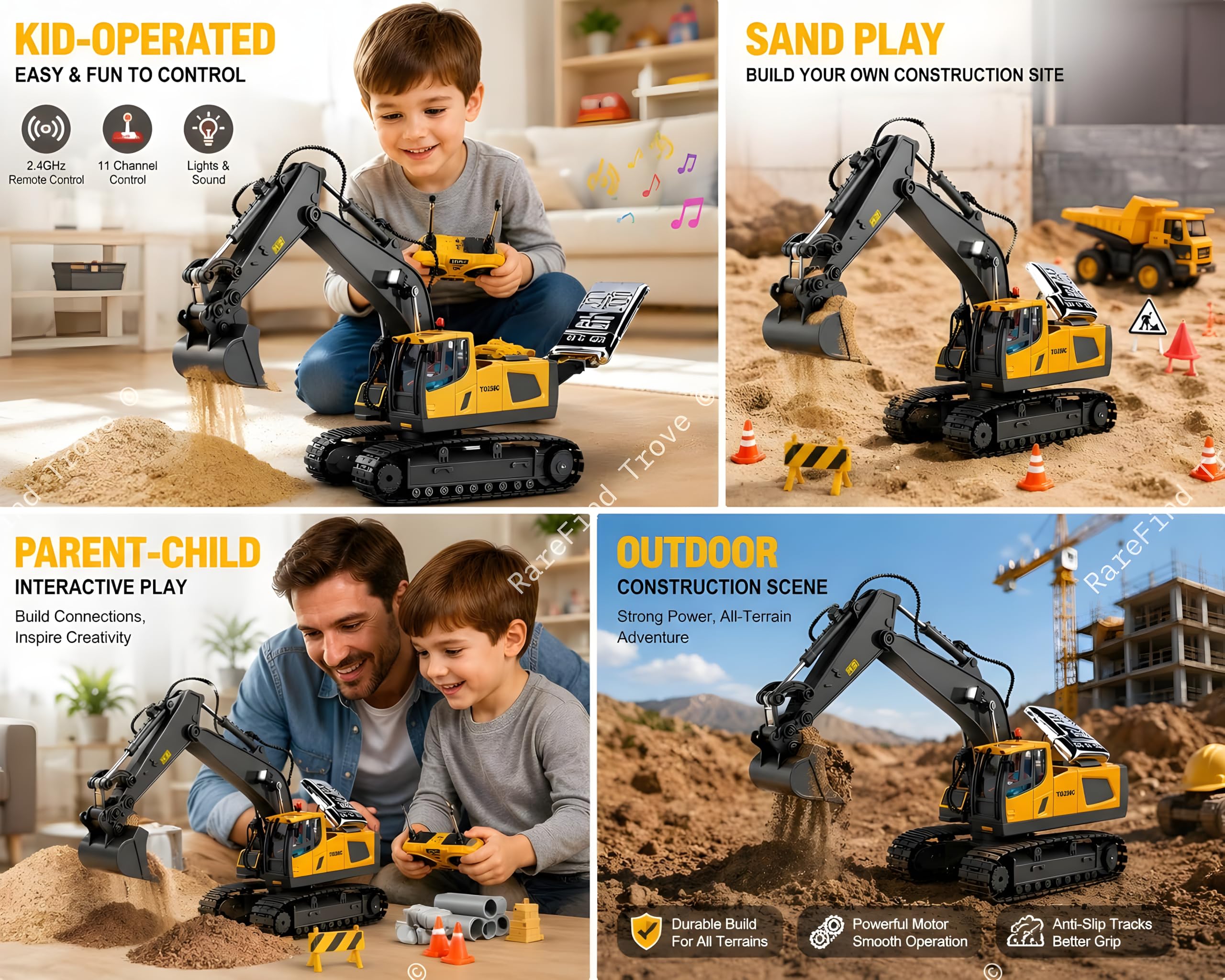 RareFind trove RC JCB Toy Excavator for Kids – 1:20 11-Channel Metal Remote Control Construction Vehicle with Lights, Sounds & 680° Rotation Yellow Digger Truck (Ages 6–12) 1