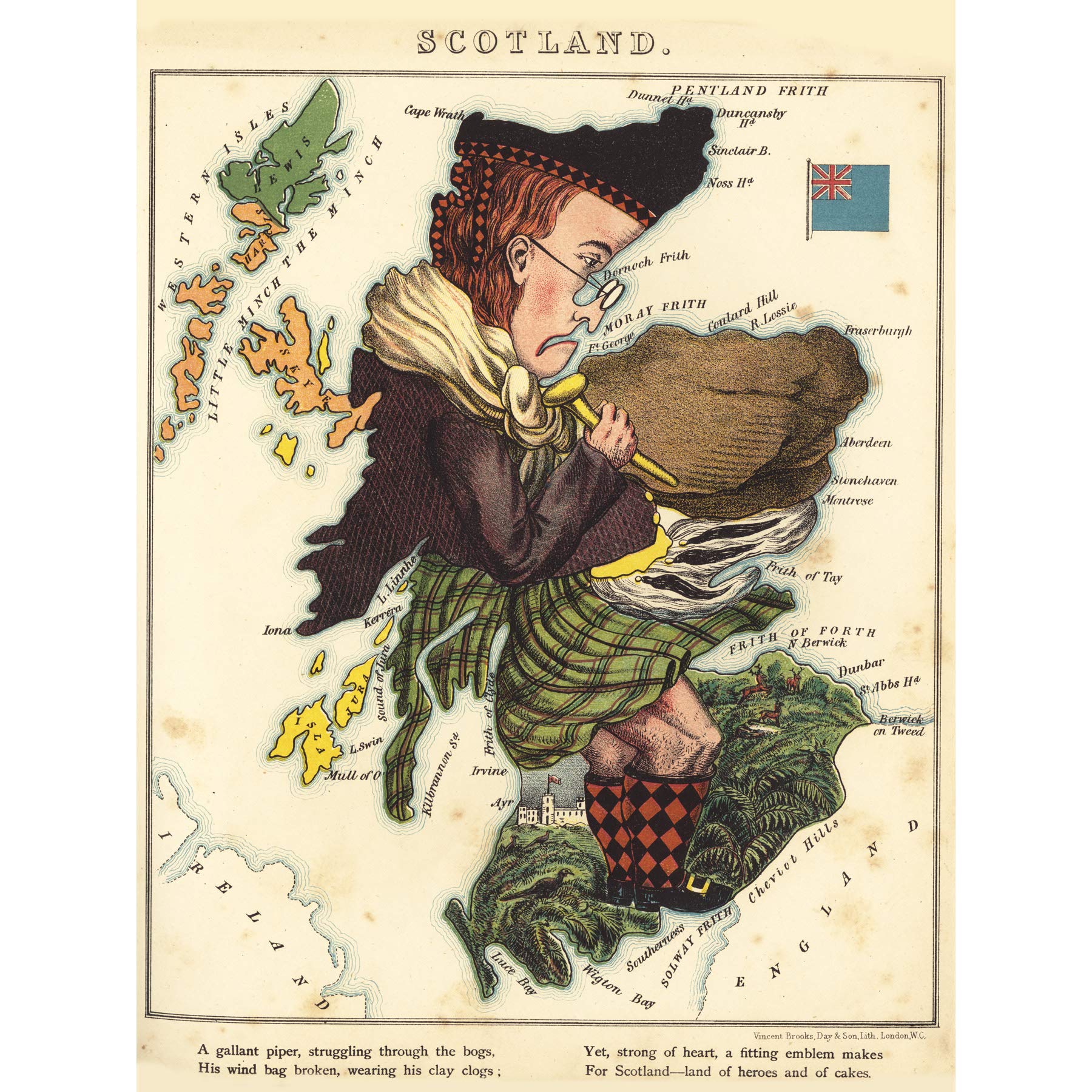 Lancaster 1869 Pictorial Map Scotland Piper Fun Large Wall Art Poster Print Thick Paper 18X24 Inch