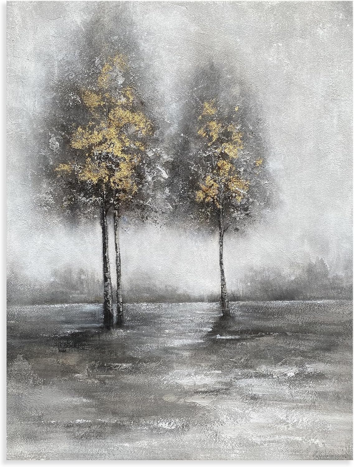 Yihui Arts Lake Landscape Wall Art - Rustic Farmhouse Canvas Painting with Textured Tree and Gold Foil Accents for Living Room, Bedroom, or Bathroom Decor