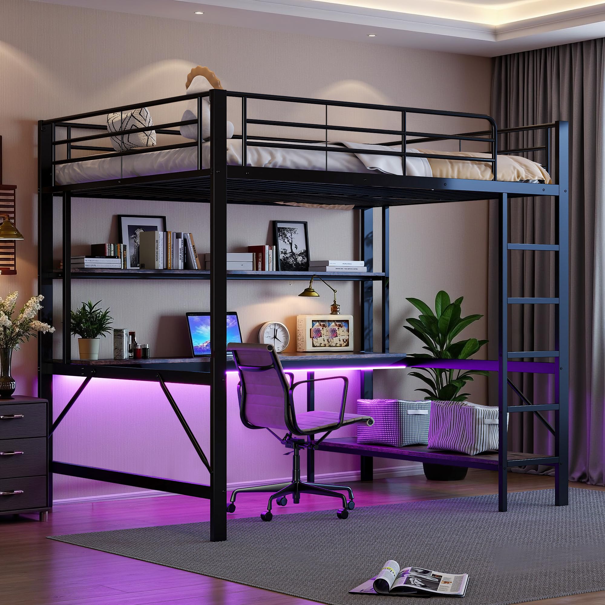 Letto a soppalco per bambini 140 x 200 cm,letto a castello matrimoniale 140x200 in metallo con prese USB e elettriche, con illuminazione a LED,scrivania,con sponde e scaletta,diversi ripiani,Nero