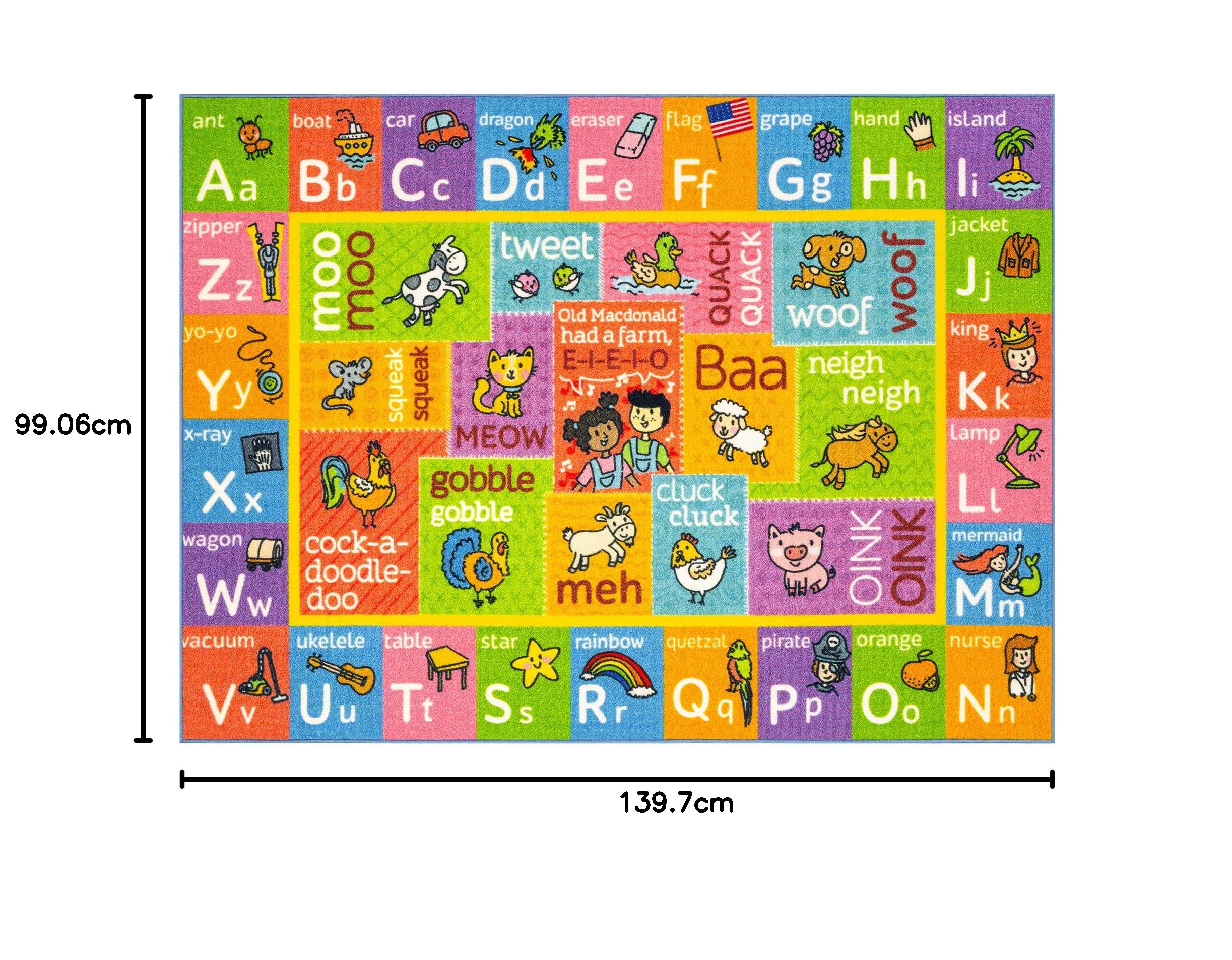 KC CUBS Playtime Collection ABC Alphabet mit Alten McDonald's Animals Lern-Teppich für Kinder und Kinderzimmer und Spielzimmer, 100 cm x 150 cm