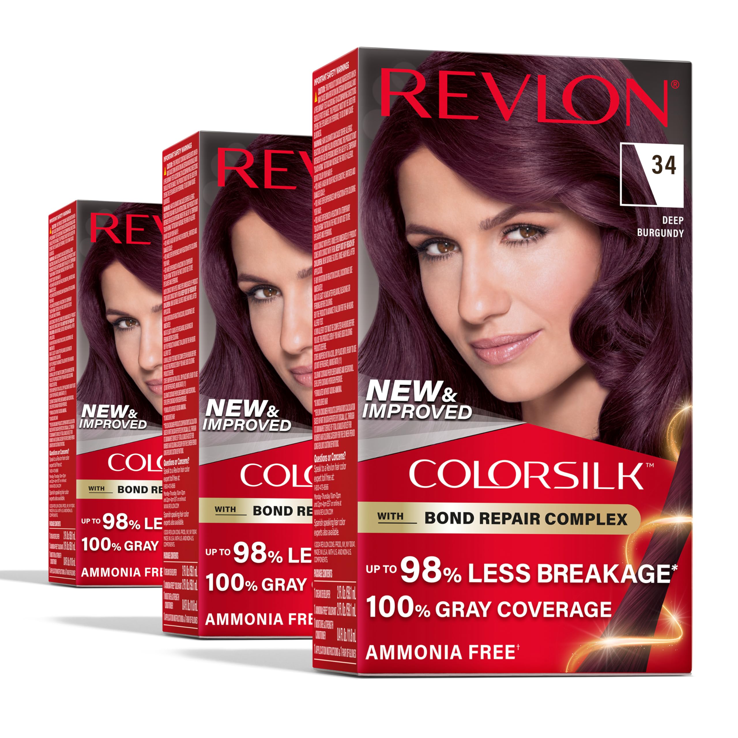 Revlon ColorSilk with Bond Repair Complex, Burgundy Permanent Hair Color, 100% Gray Coverage, Ammonia Free Hair Dye, Vegan Keratin, 34 Deep Burgundy (Pack of 3)