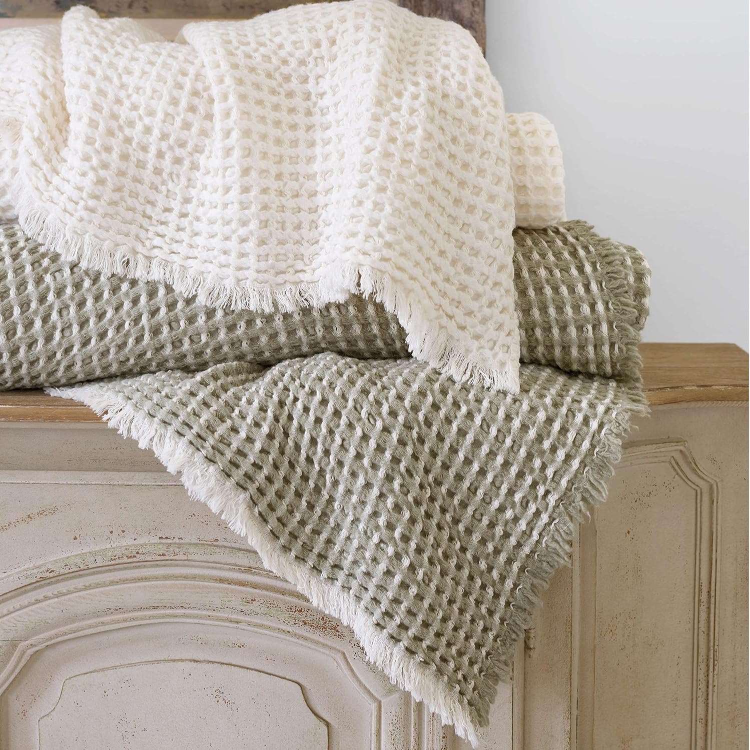 Pine Cone Hill Dorothy Plaster Blanket, King Size, Neutral/Ivory Plaid Pattern