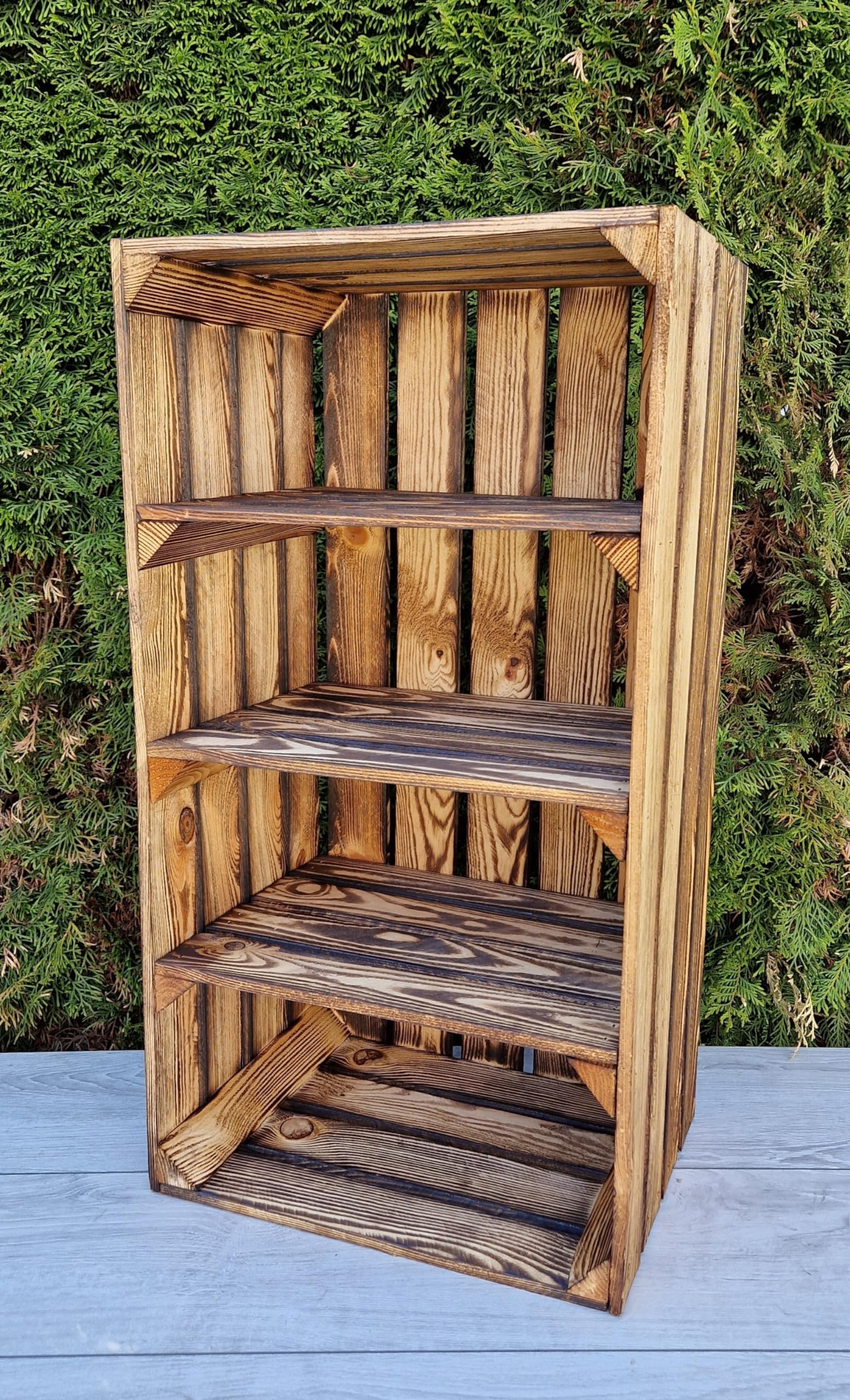 PYXIDAS Durable Wooden Storage Crates with 4 Shelves - Rustic Home Decor (1 Crate 3 short shelves, Burnt effect)