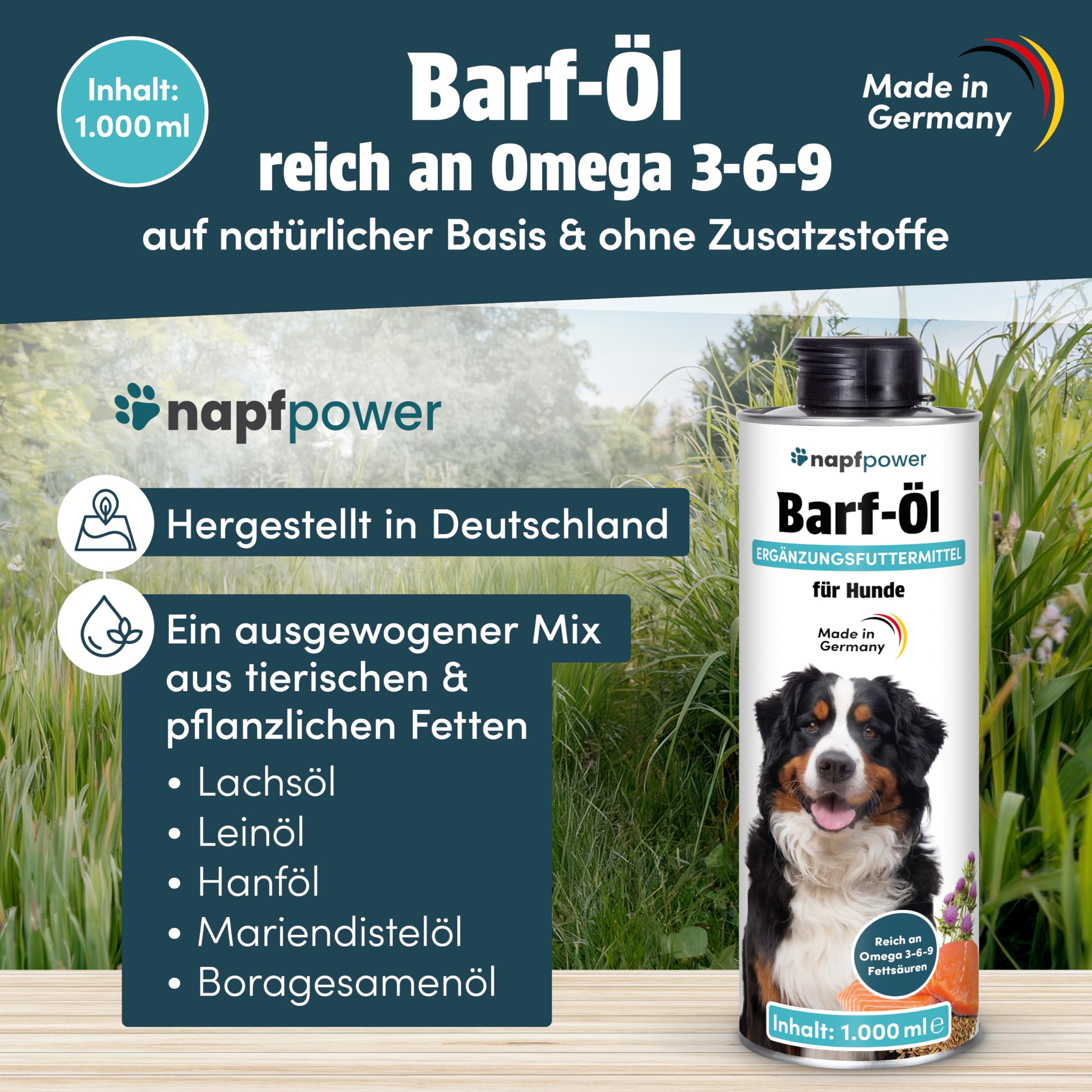 Barf Öl für Hunde (1 Liter) – Reich an Omega 3-6-9 Öl aus Lachsöl, Leinöl, Hanfsamenöl, Borretschöl & Mariendistelöl – Hochwertiges Futteröl & Barf-Zusatz – Auch als Topping geeignet