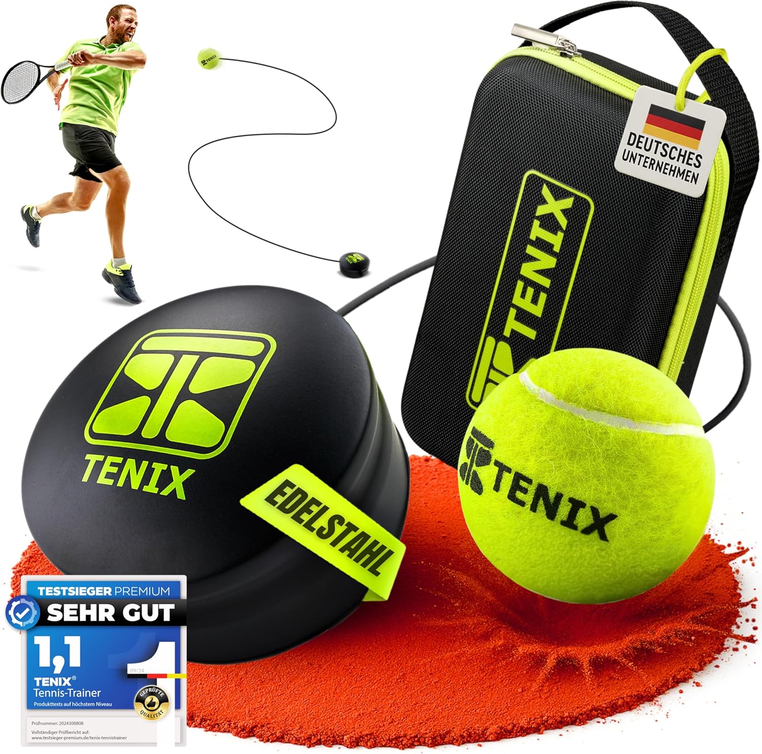 TENIX® Tennis Trainer Set [with Power Grip System] Tennis Training Device for Children and Adults | Play Tennis Alone in the Yard, in the Park, on the Tennis Court | Get Your Self Trainer