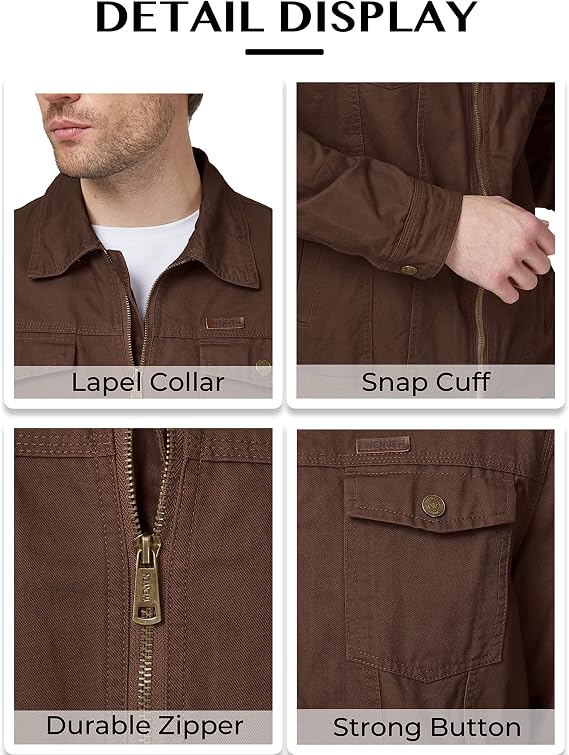 WenVen Men's Casual Canvas Cotton Jacket Lightweight Military Jacket | Regular Fit Fall Windbreaker