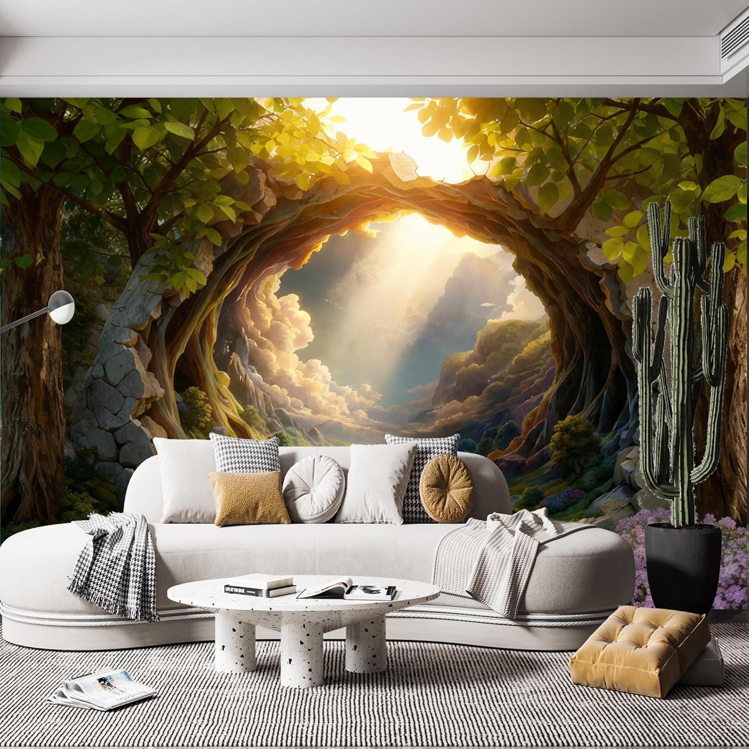 Fantasy Landscape Wall Mural, Nature Scene with Mountains and River, Custom 3D Wallpaper for Bedroom, Large Format Digital Print (137" L x 98" W)