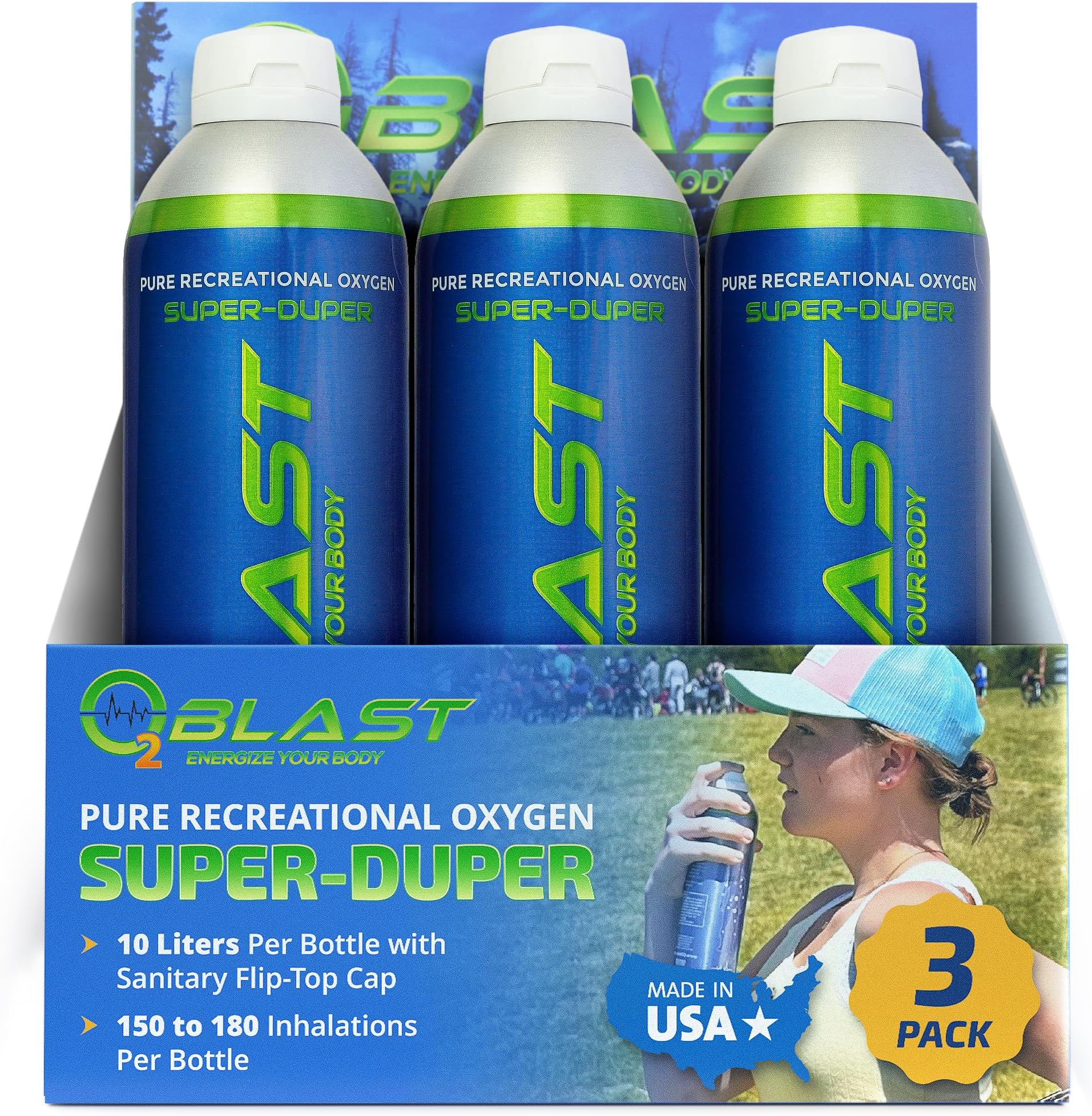 Pure Oxygen Supplement - Filled with 99.99% Pure Oxygen to Support Fast Recovery, Increase Stamina & Enhanced Focus for High Altitude & Action Sports, 10L Portable Can Flip-Top Cap, 3-Pack