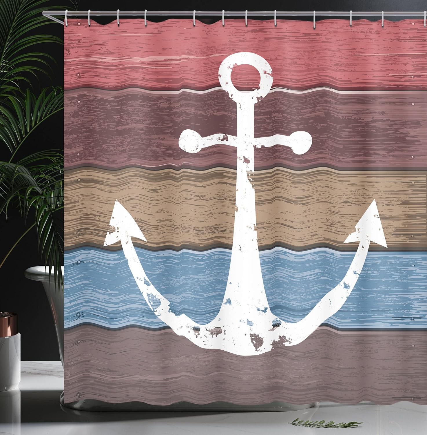 Ambesonne Anchor Shower Curtain, Timeworn Nautical Marine Themed Ornament on Weathered Colorful Wooden Planks Print, Cloth Fabric Bathroom Decor Set with Hooks, 69" W x 70" L, Pink Brown
