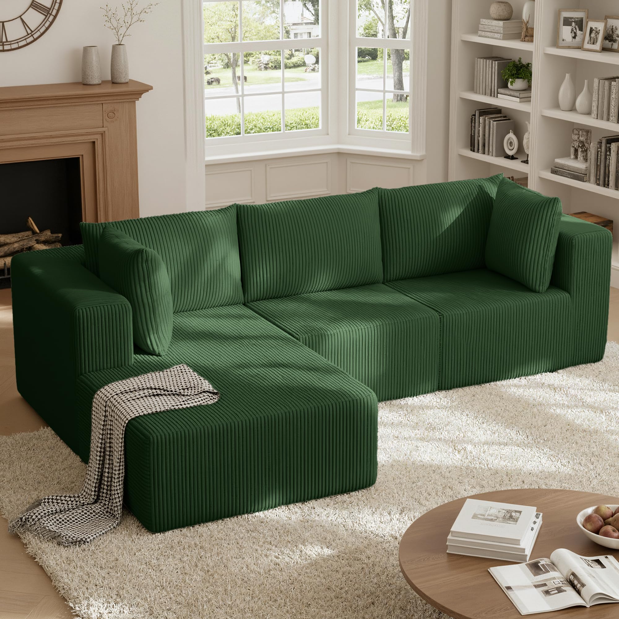 108" Boneless Couches for Living Room, Modular Cloud Couch Sofa - L Shap Corduroy Sectional Sofa, Fluffy Memory Foam Sleeper Sofa Furniture, No