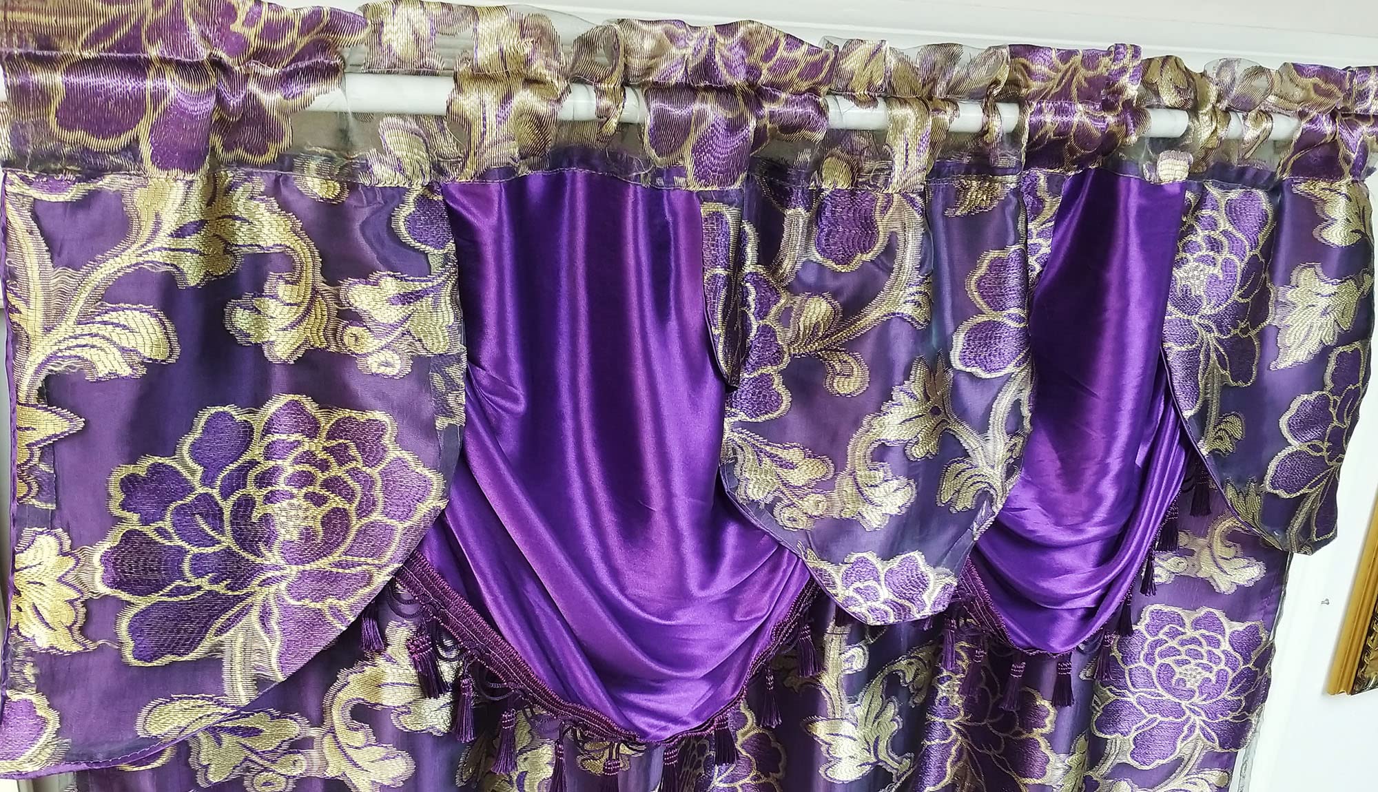 GOHD Royal ROSARIUM. Clipped Voile/Voile Farmhouse Jacquard Window Curtain Panel Drape with Attached Fancy Valance & Taffeta Backing.2pcs Set. Each pc 54" Wide x 84" Drop + 18" Valance. (Purple) - Image 4