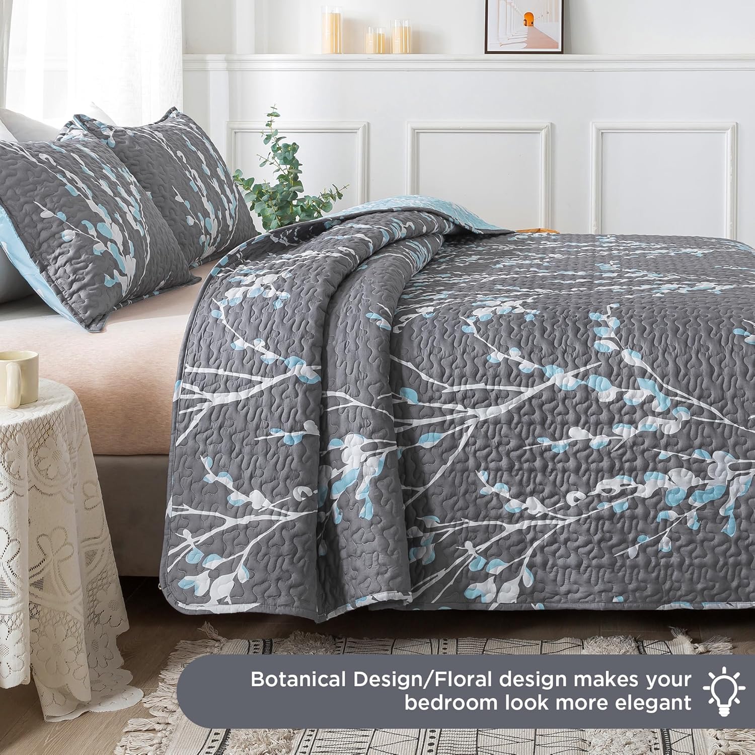 Andency Quilt California King Size Grey Blue (112x104 Inch), 3 Pieces Floral Lightweight Bedding Set, Microfiber Reversible Flower Quilted Bedspread Coverlet with 2 Pillowcases for Men Women - Image 2