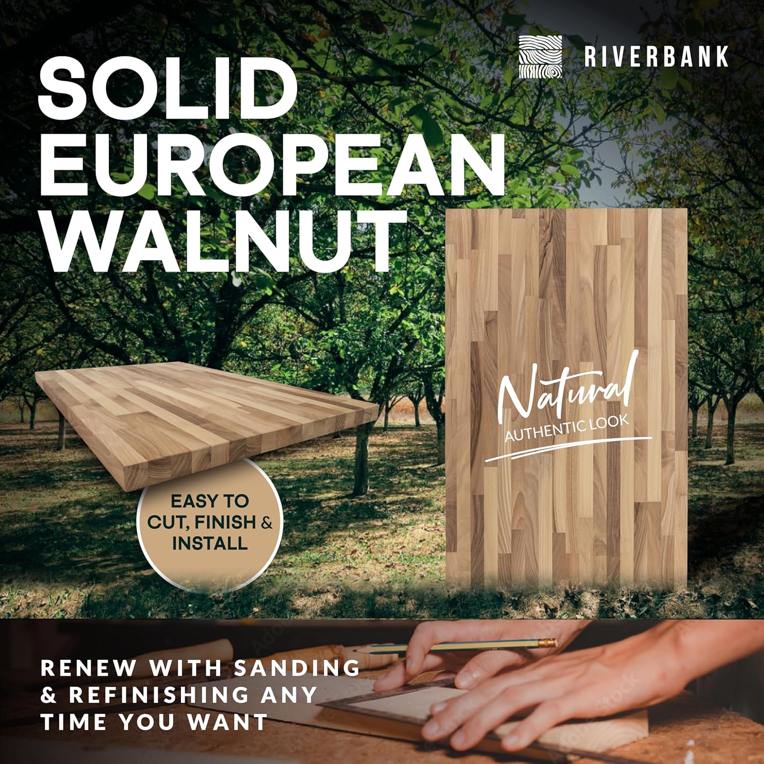 Riverbank Walnut Butcher Block Countertop, 39" Long, 25” Wide, 1.5” Thick Unfinished Solid Wood Tabletop, Perfect for Charcuterie Board, Cutting Board, DIY Hardwood Kitchen Island or Desktop