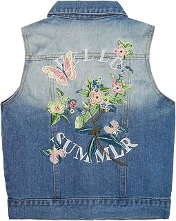 KIDSCOOL Girls Denim Vest Lace Trim Round Collar Sleeveless Jean Jacket | Lace-trim denim layer with rounded collar, button front and chest pockets for easy everyday styling from school to outings