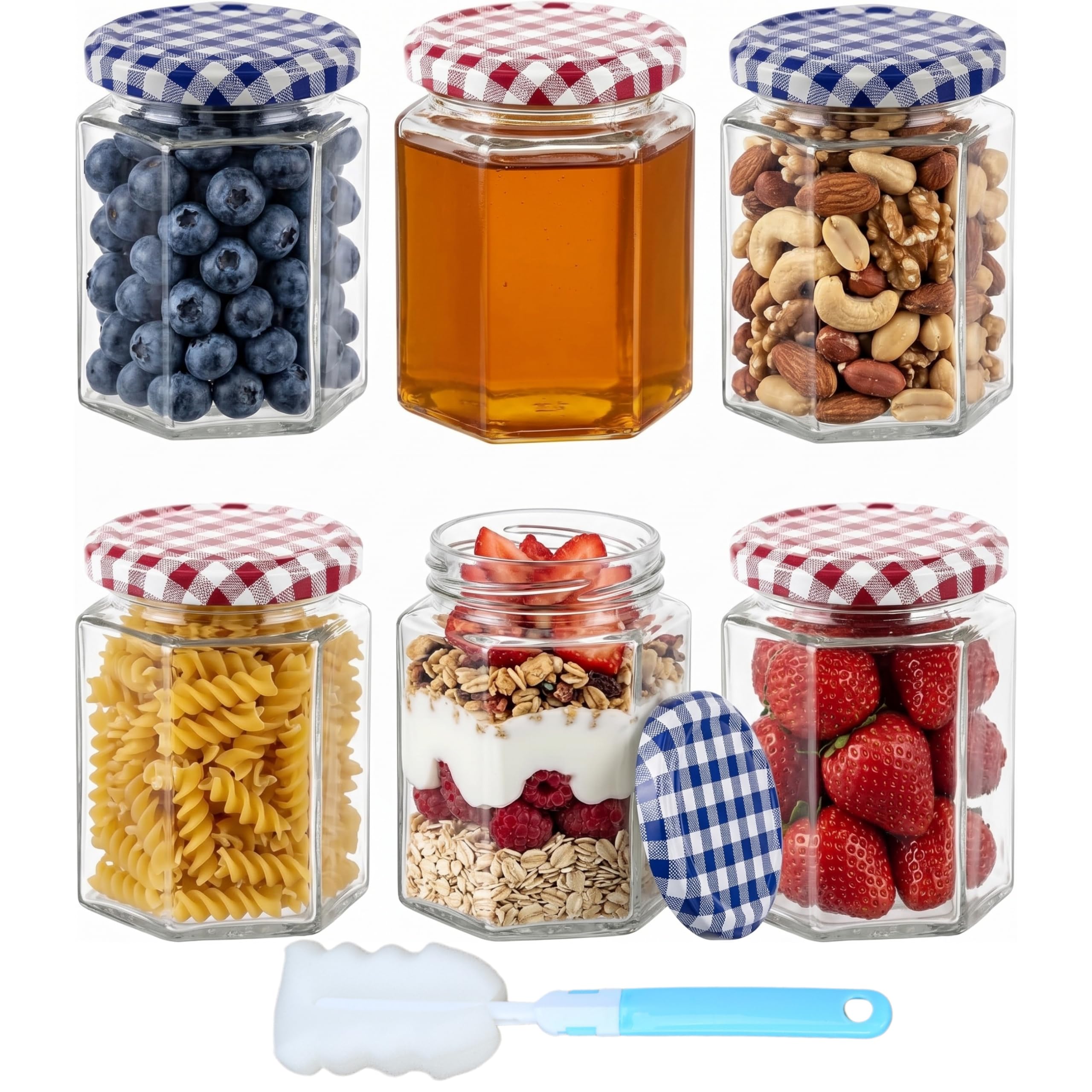 Koimiao Red/Blue 6 Pack Hexagon Glass Jam Jars With Airtight Lids ( Gingham) - 280Ml Clear Mason Jars For Jam, Chutney, Pickling, Coffee,Spices, Chutney And Jars Crafts
