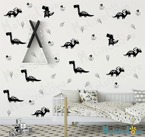 Miniatura 2 de Melissalove JW570 - Calcomanías de pared de dinosaurios para decoración de pared de niños, 52 unidades, color negro